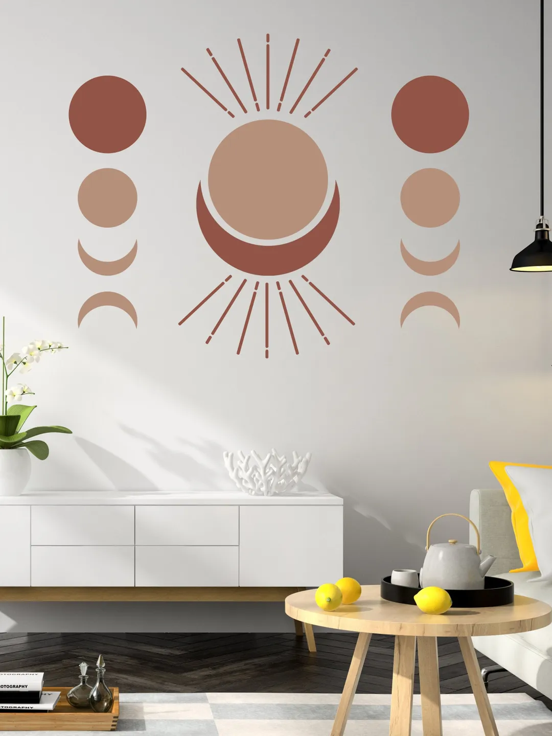 Boho Moon Phases Wall Decal Decor - Bohemian Crescent Big Vinyl Wallpaper Sticker For Or Nursery Kid Room - Large Pastel Art Girl Baby Mural