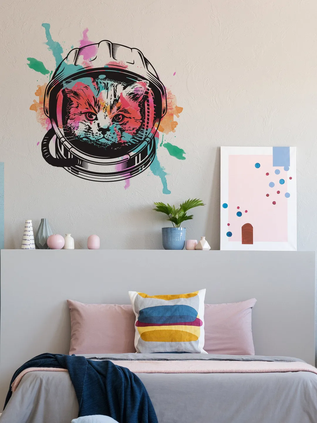 Space Cat Wall Art Decor Transfer Sticker - Funny Astronaut Kitten Decoration Decal - Kid Room Nursery Cute Kitty Vinyl Adhesive Mural