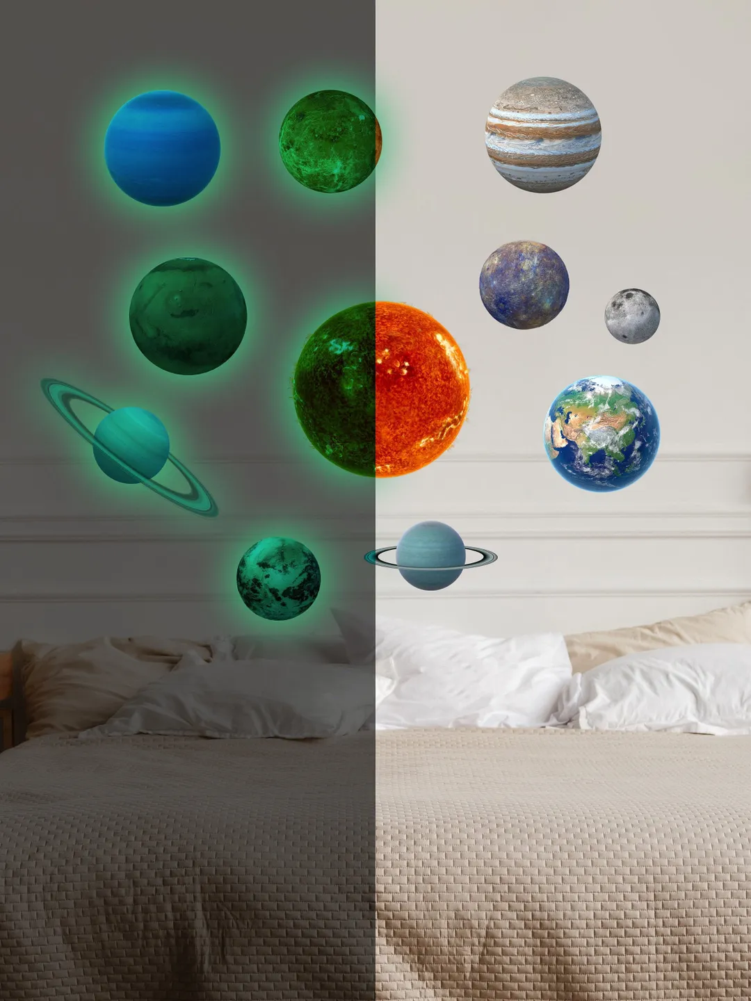 Glow In The Dark Planet Wall Decals - Solar System Glowing Sticker For Ceiling - Galaxy Kid Room Decor - 3d Outer Space Light Boy Decoration