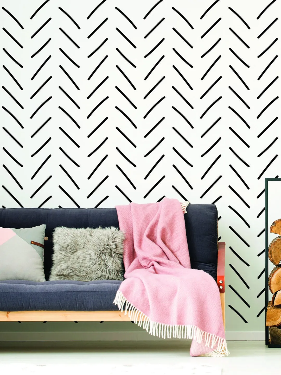 7x Rolls of Herringbone Wallpaper Peel And Stick Stickers - Geometric Self Adhesive Black Removable Stripes Wall - Waterproof Vinyl Decals