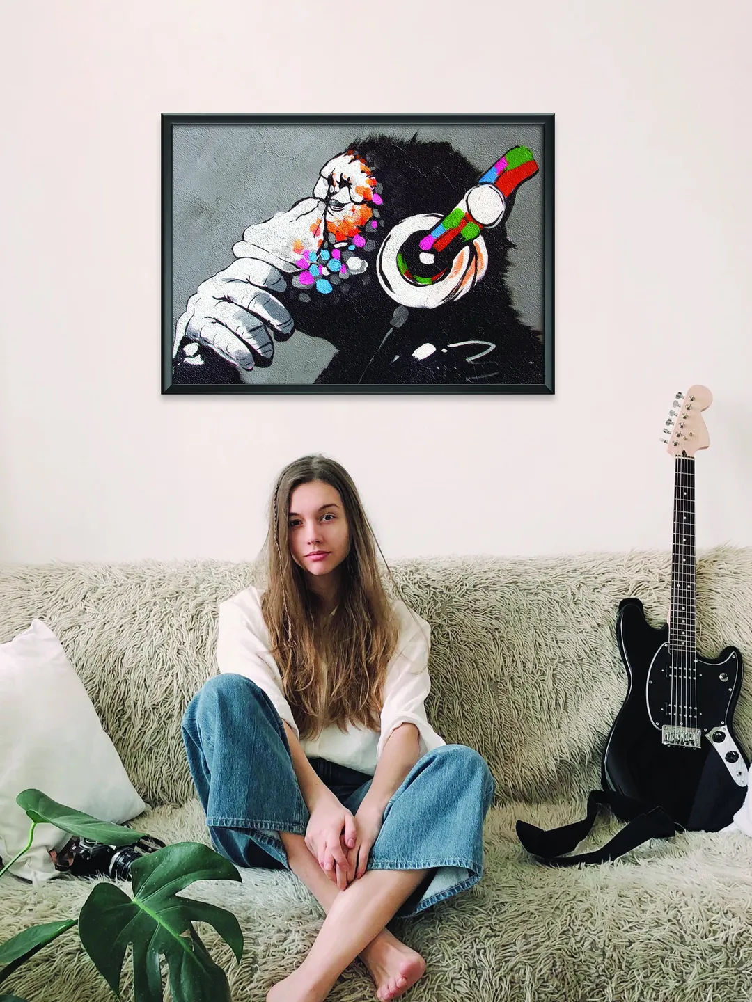 Banksy Monkey Wall Art Poster - Bansky Thinking DJ Chimp With Headphones - Music Graffiti Picture Print Decor For Teenage Guy Boy Teen