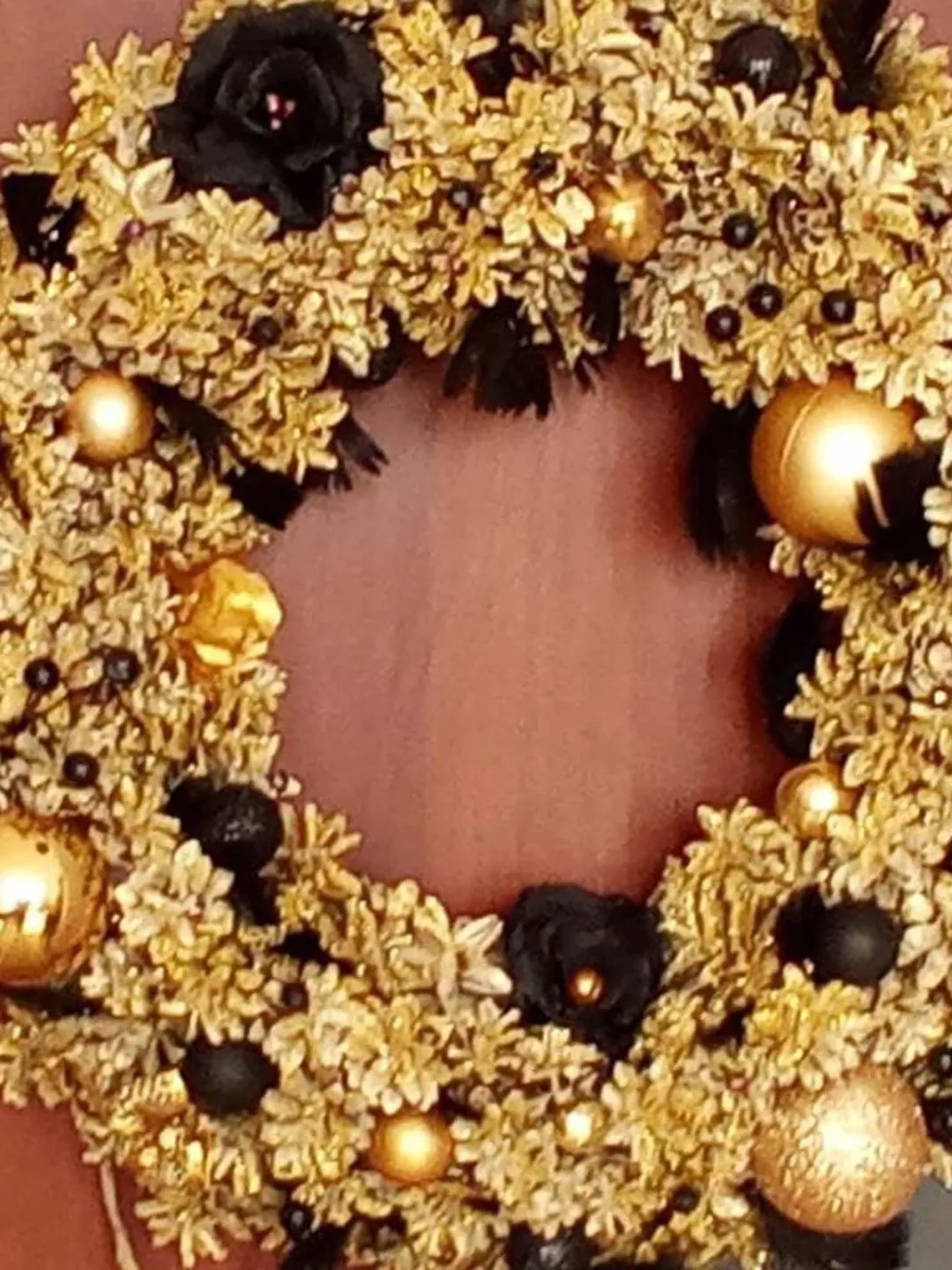 Gold and Black glitter  christmas wreath elegance for design, modern. Christmas wreaths for front door with large balls. Custom ornaments