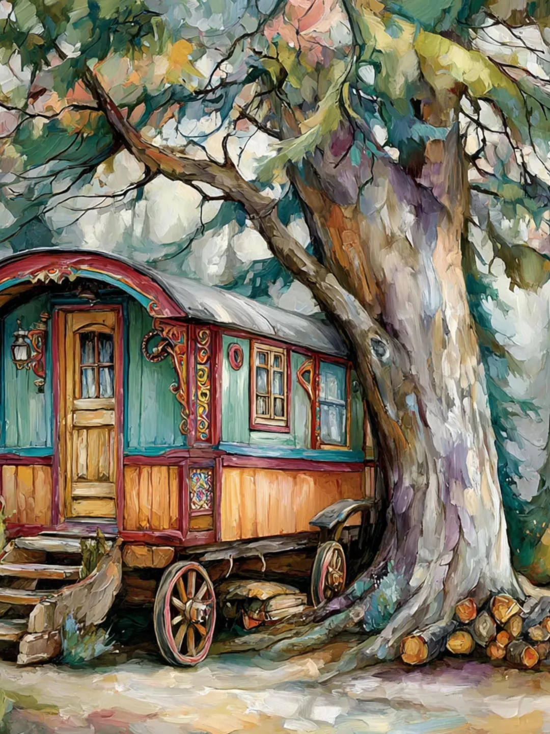 22 Whimsical Woodland Caravan Art, Vintage Gypsy Wagon Forest Scene, Painterly Nature Wall Art