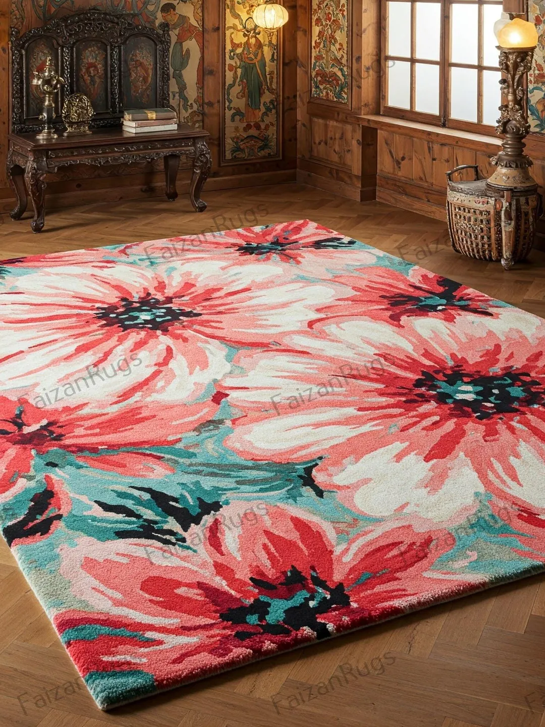 Handmade floral rug, elegant pink & red bloom for home décor, floral rug, area rug, 10x14 floral rug, pink rug, red rug, bedroom rug, rug