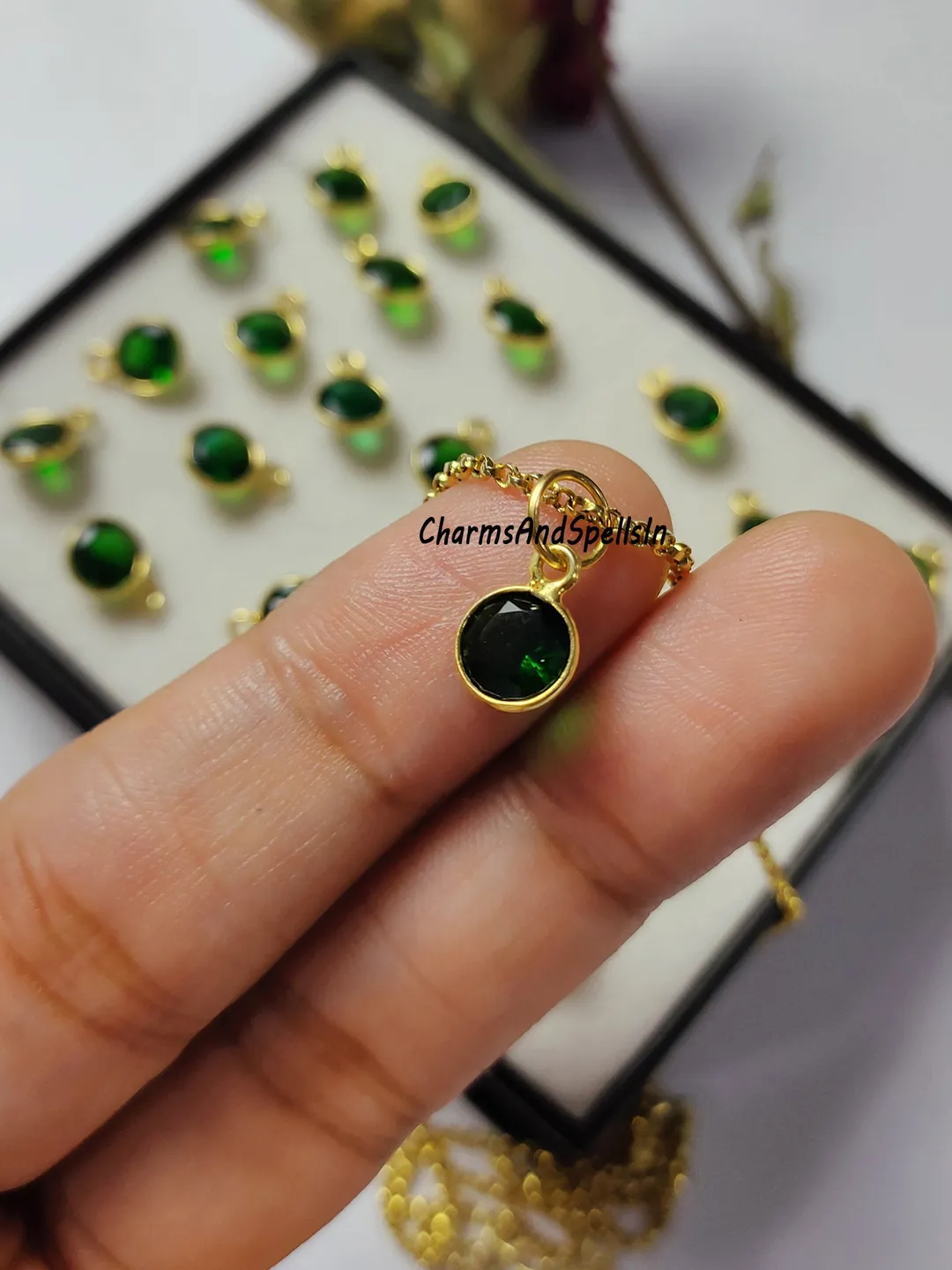 Natural Emerald Green CZ Charm Necklace, Boho Jewelry, Minimalist Crystal Gift For Women