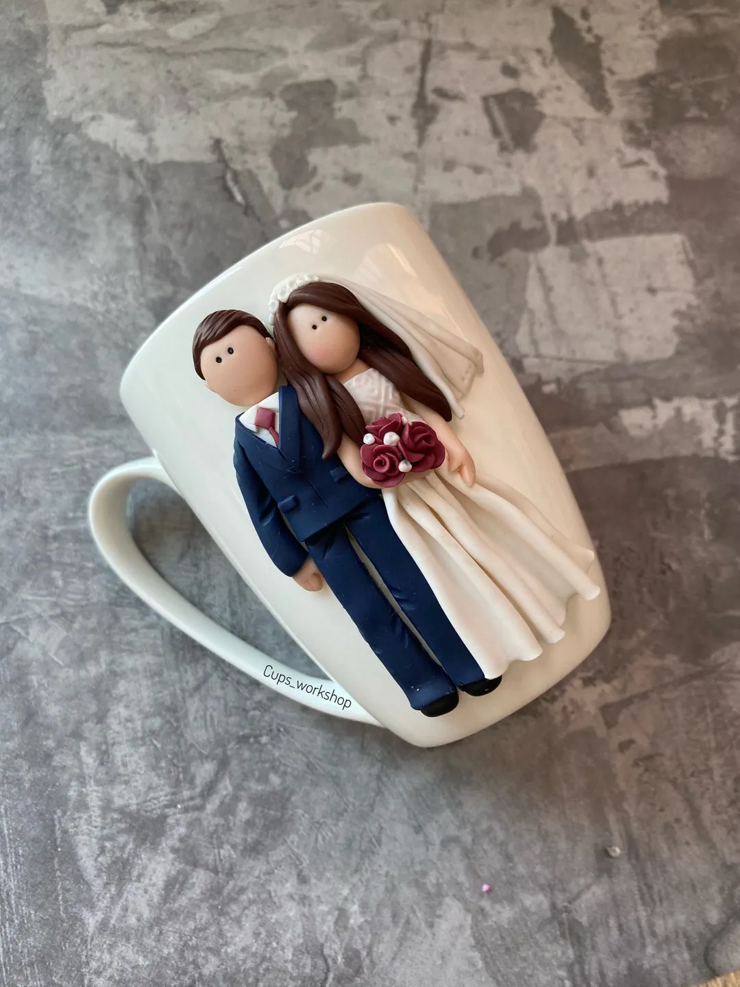 Funny wedding with polymer clay bride and groom mugs