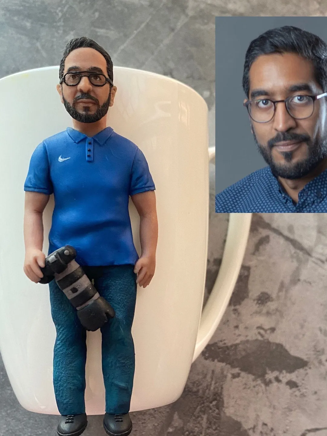 Portrait from photo polymer clay on ceramic mug handmade