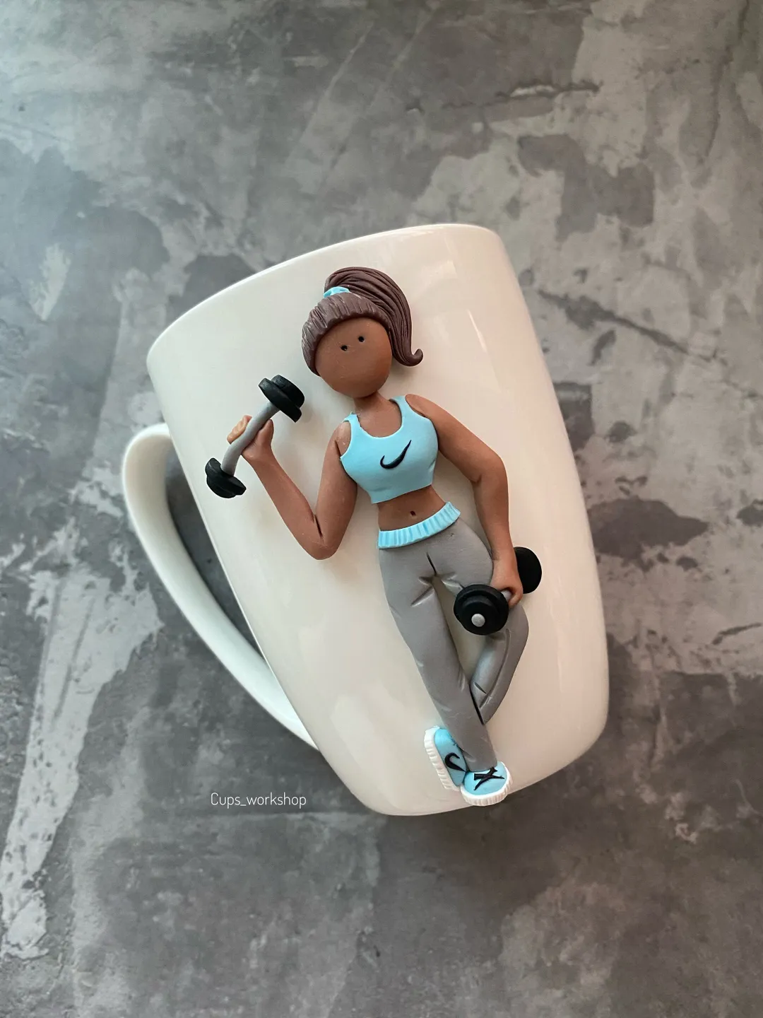Custom sport gift body builder mug with polymer clay decor