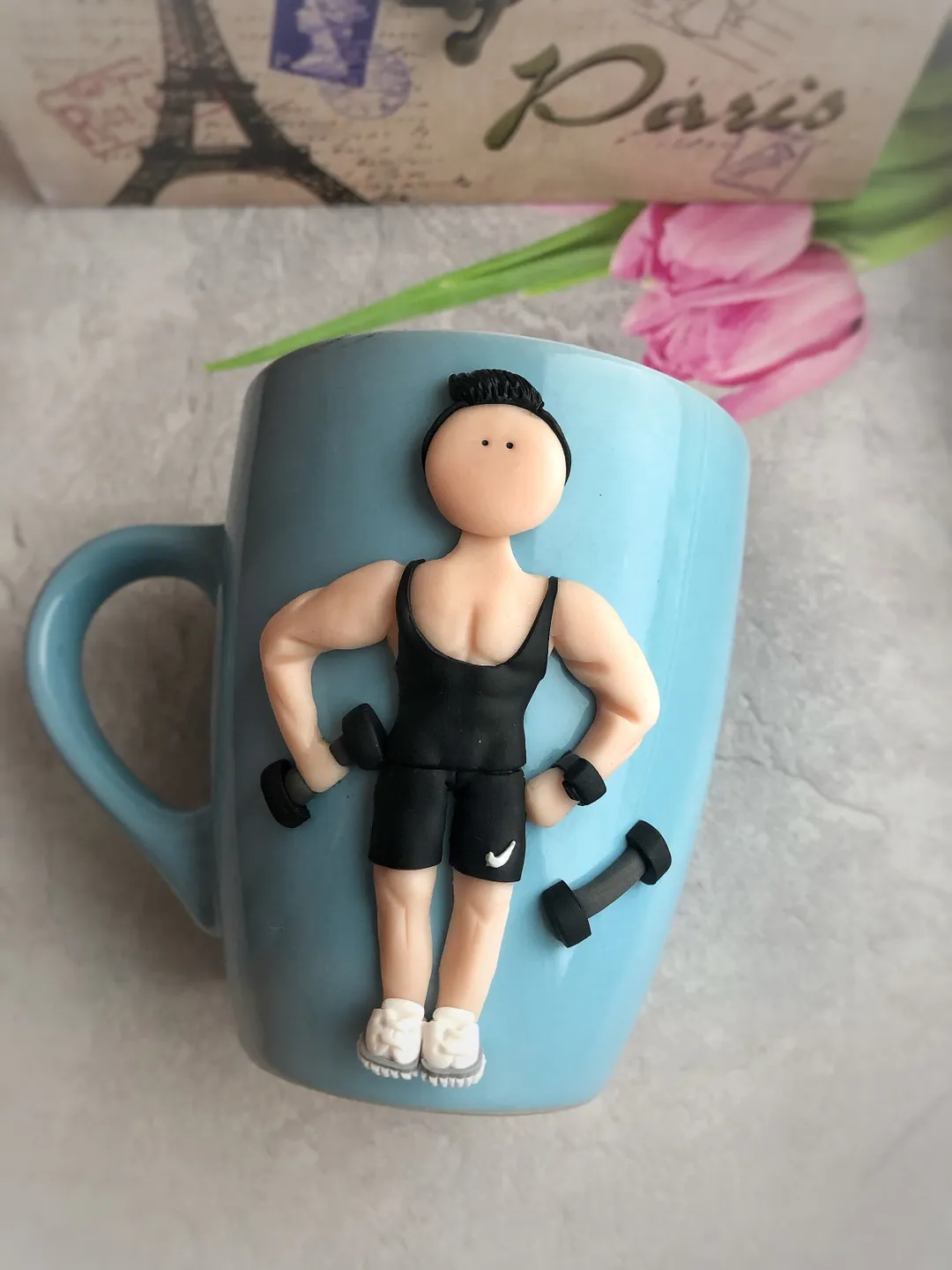 Funny coffee ceramic mug handmade with polymer clay sport decor