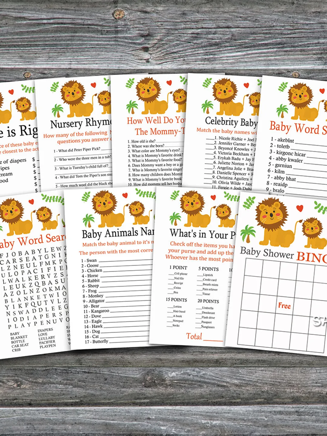 Lion baby shower games bundle,Jungle Safari Baby Shower games package,Fun Baby Shower Games,9 Printable Games-202