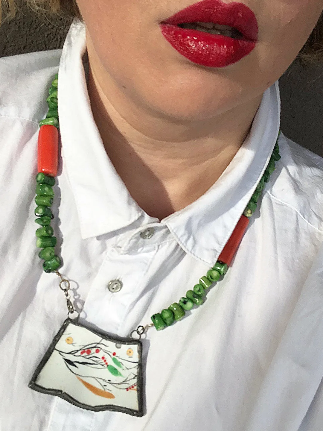 Necklace from fragments of a porcelain vintage plate of the 70s of the last century of the Soviet plant LFZ USSR with natural corals