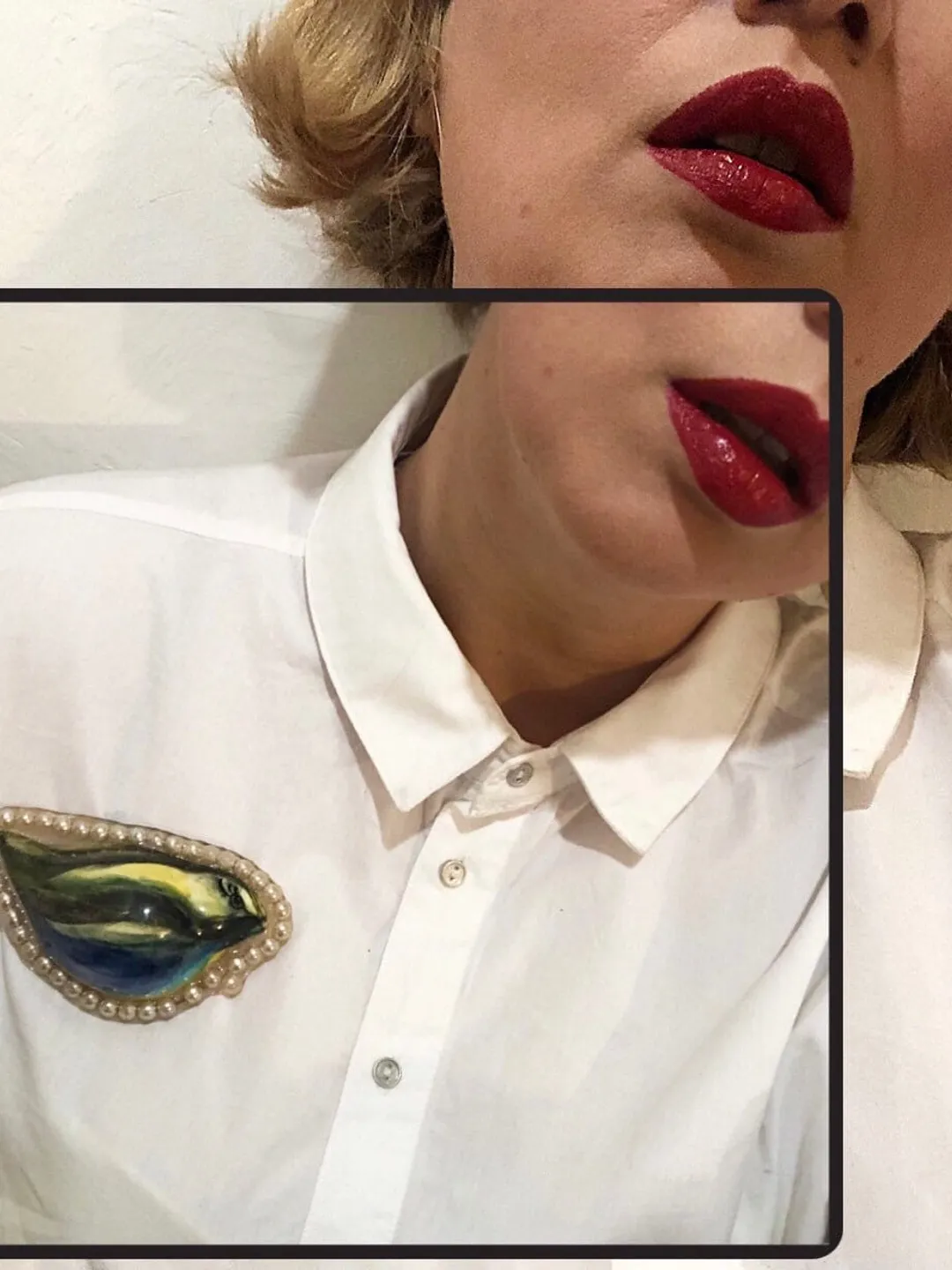 porcelain bird brooch with vintage beads faux pearls