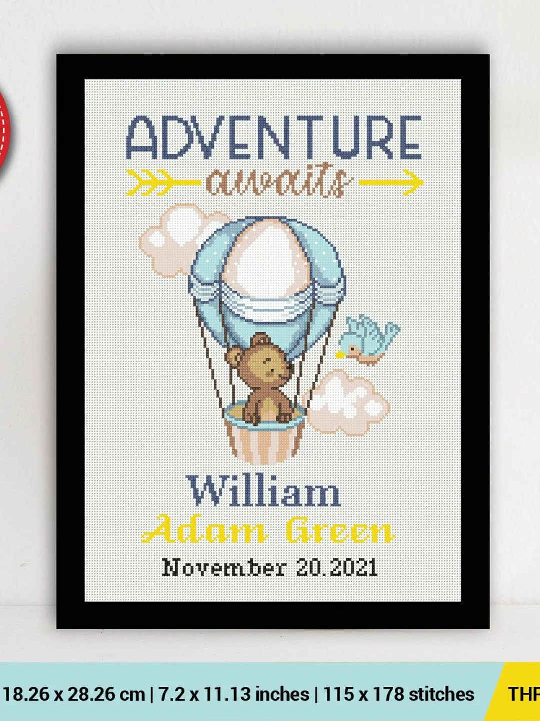 Birth announcement Bear Balloon, cross stitch pattern, baby, personalized, Adventure awaits, boy girl nursery, DIY, embroidery, instant PDF