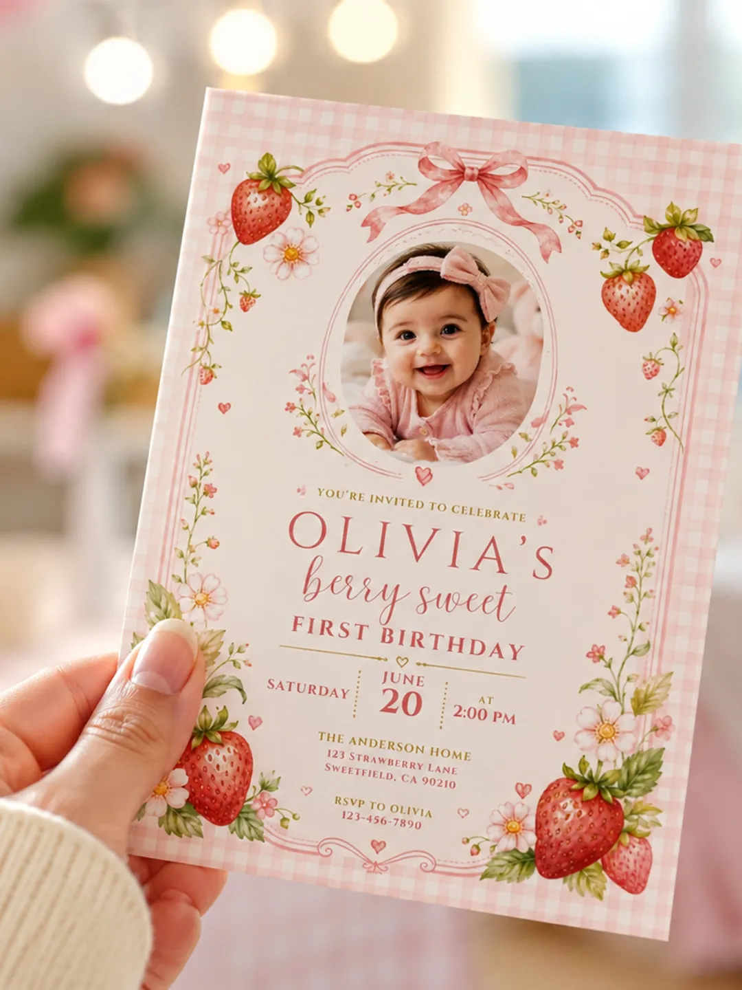 Berry First Birthday Invitation with Photo, Editable Strawberry 1st Birthday Invite Template, Printable Sweet One Party Girl Card Canva
