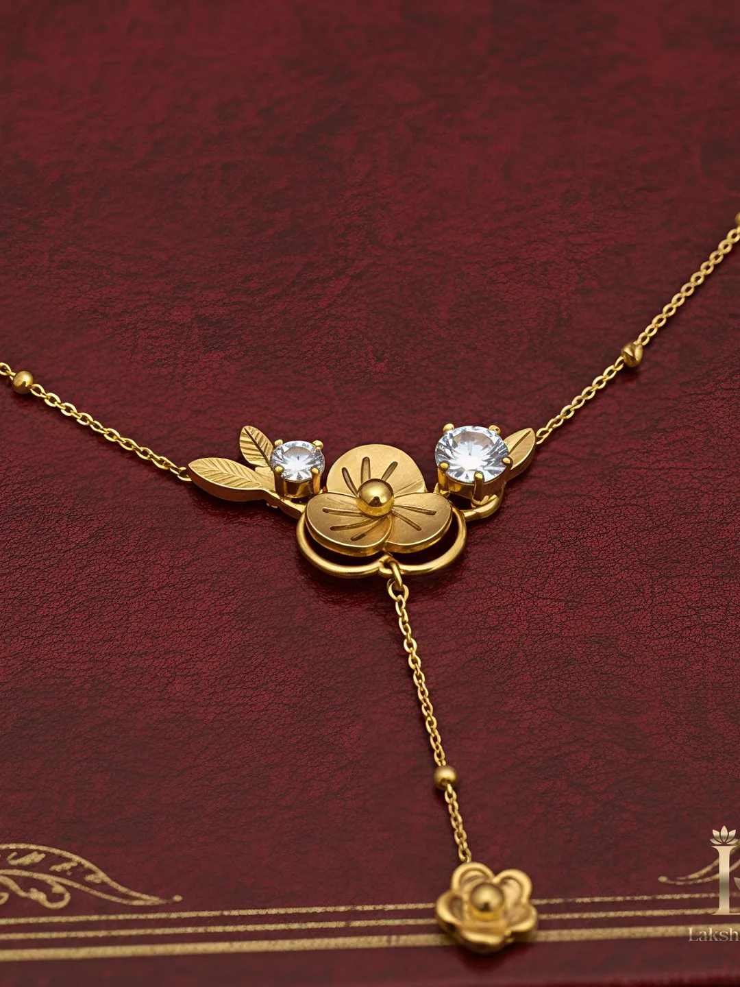 Dainty Botanical Flower Necklace in Stainless Steel • Gold Floral Y-Necklace • Leaf and Crystal Pendant • Waterproof Jewelry