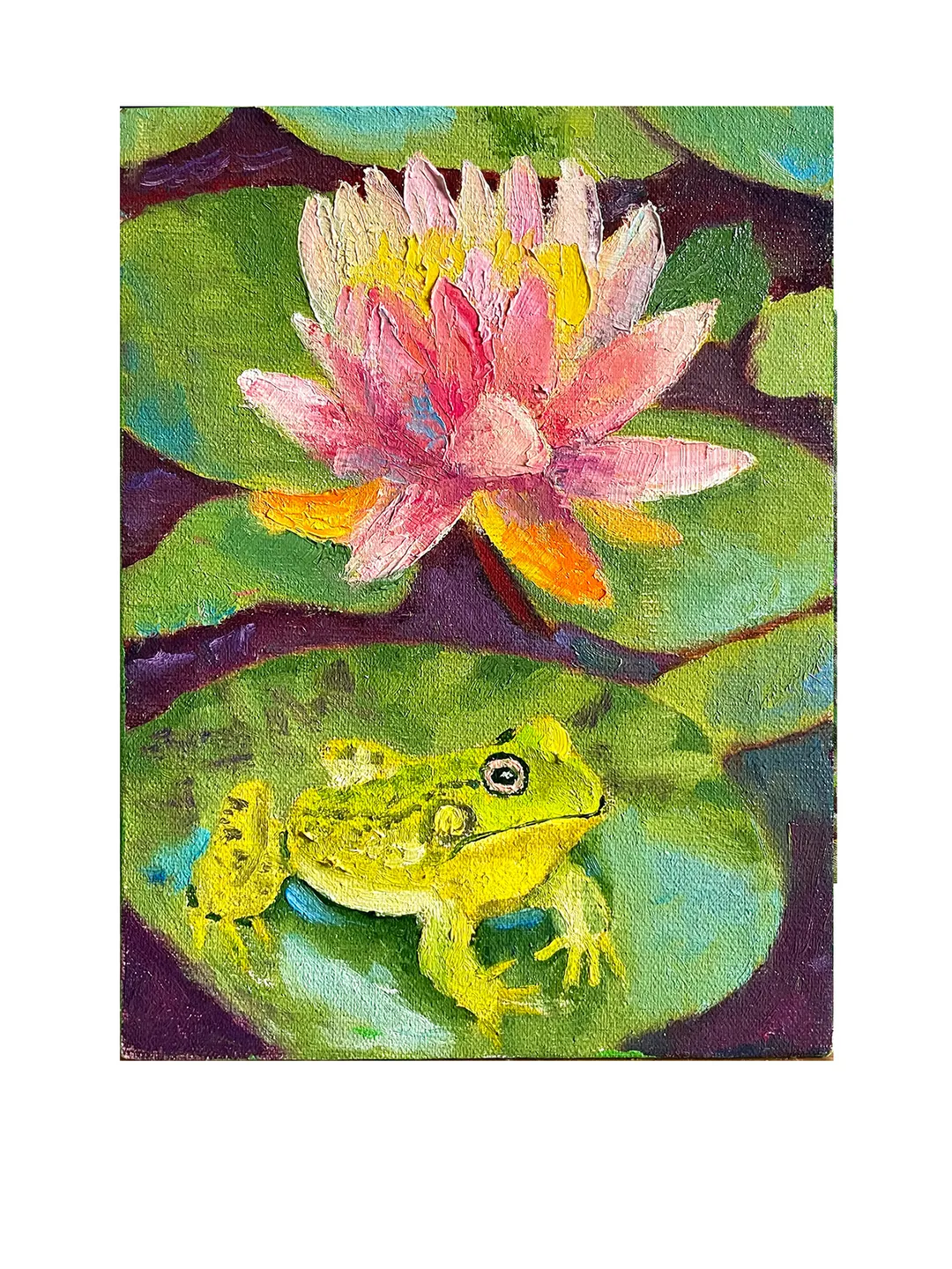 Lotus and Frog Painting, Original Oil Painting on Canvas, Water Lily Art