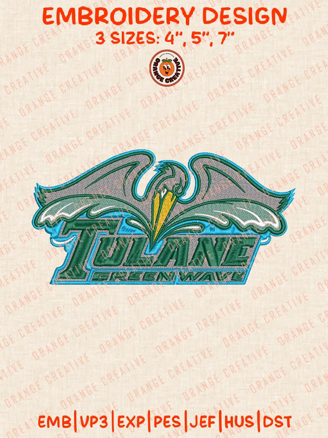 Tulane Green Wave Logo Embroidery Design Files, NCAA Logos Embroidery Designs, NCAA Machine Embroidery Files, 3 Sizes, Custom Sizes, Instant Download