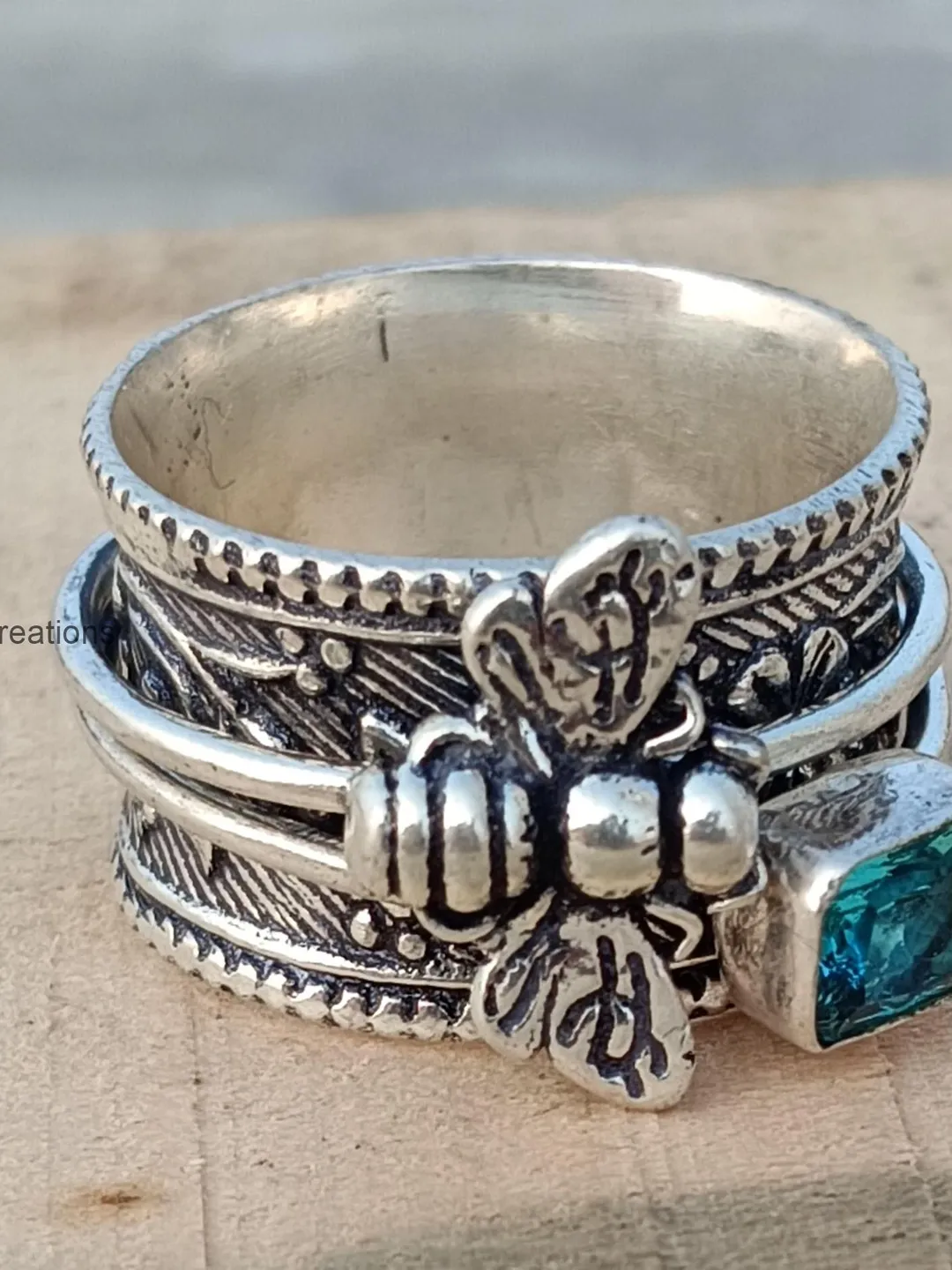 Honey Bee Spinner Ring, Blue Topaz Gemstone Ring, 925 Sterling Silver Ring, Meditation & Band Ring, Anniversary Ring, Anxiety Ring,
