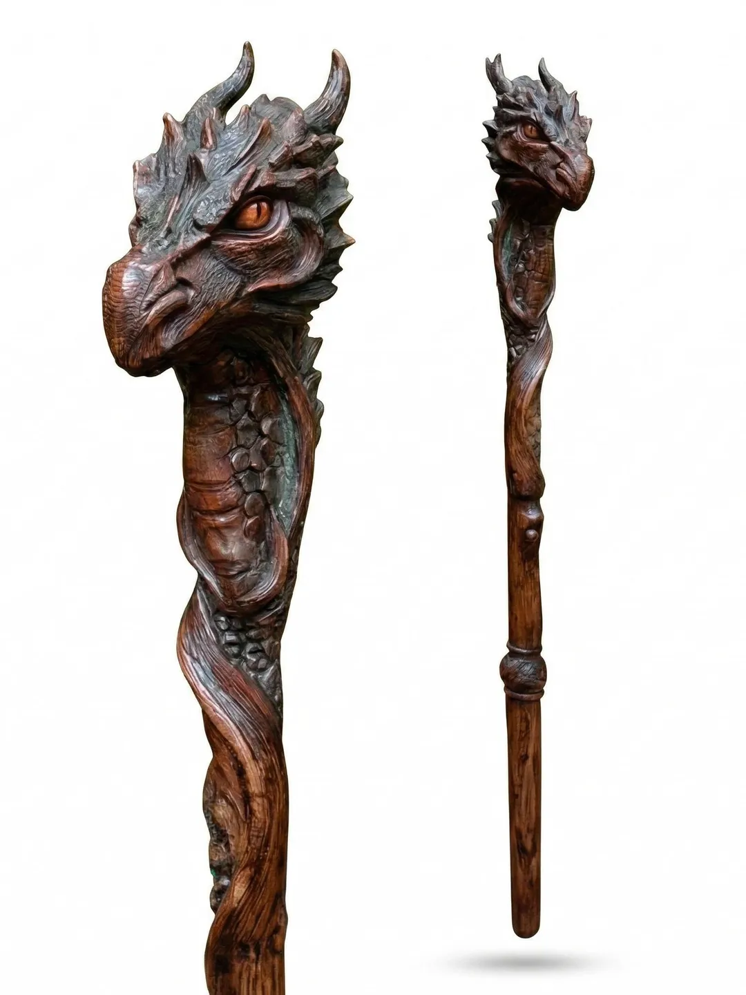 Hand Carved Dragon Walking Cane, Real Wood Stick, Turquoise Inlay