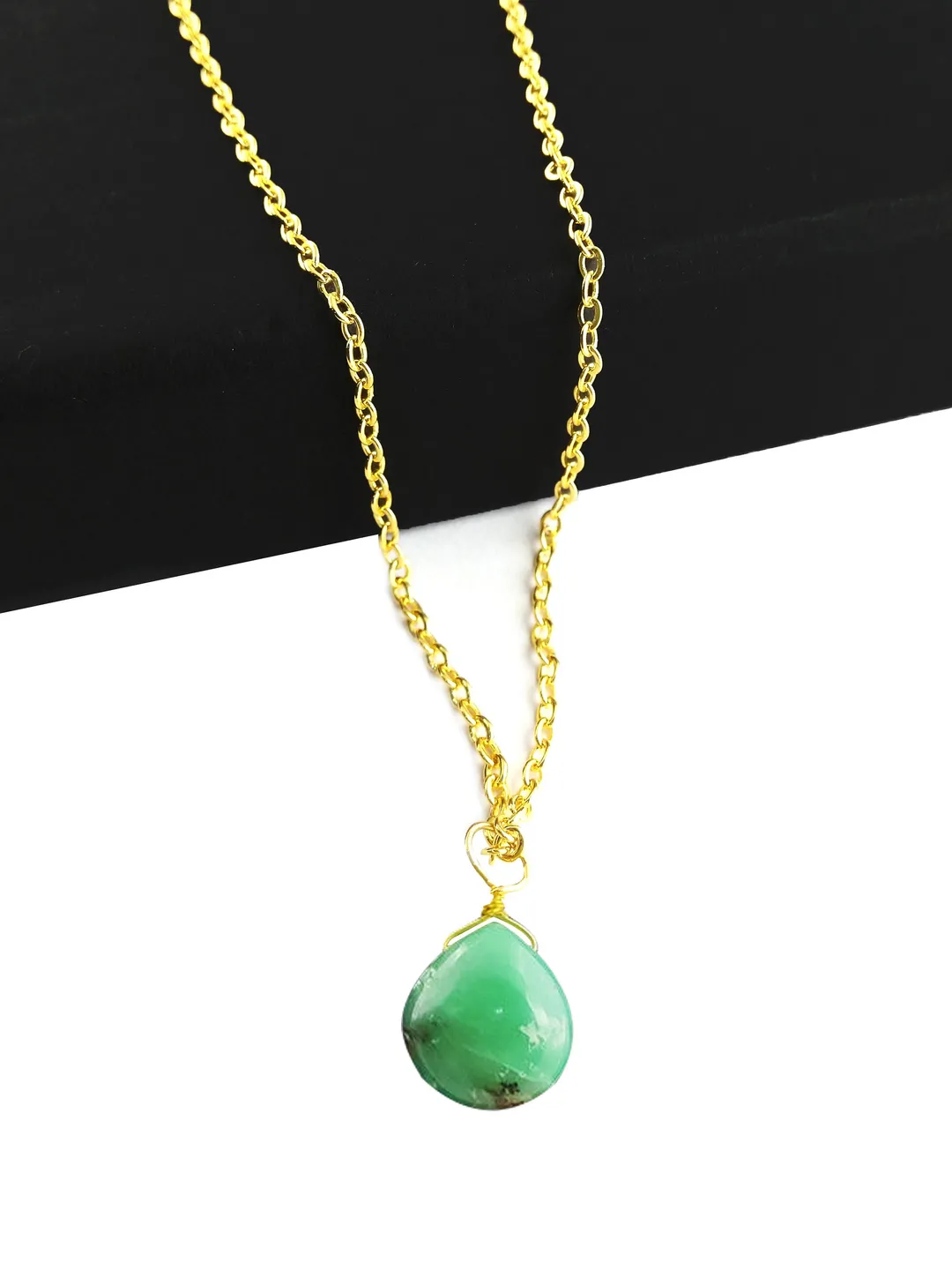 Chrysoprase Heart Pendant Necklace: Gold Plated Wire Wrapped Gemstone