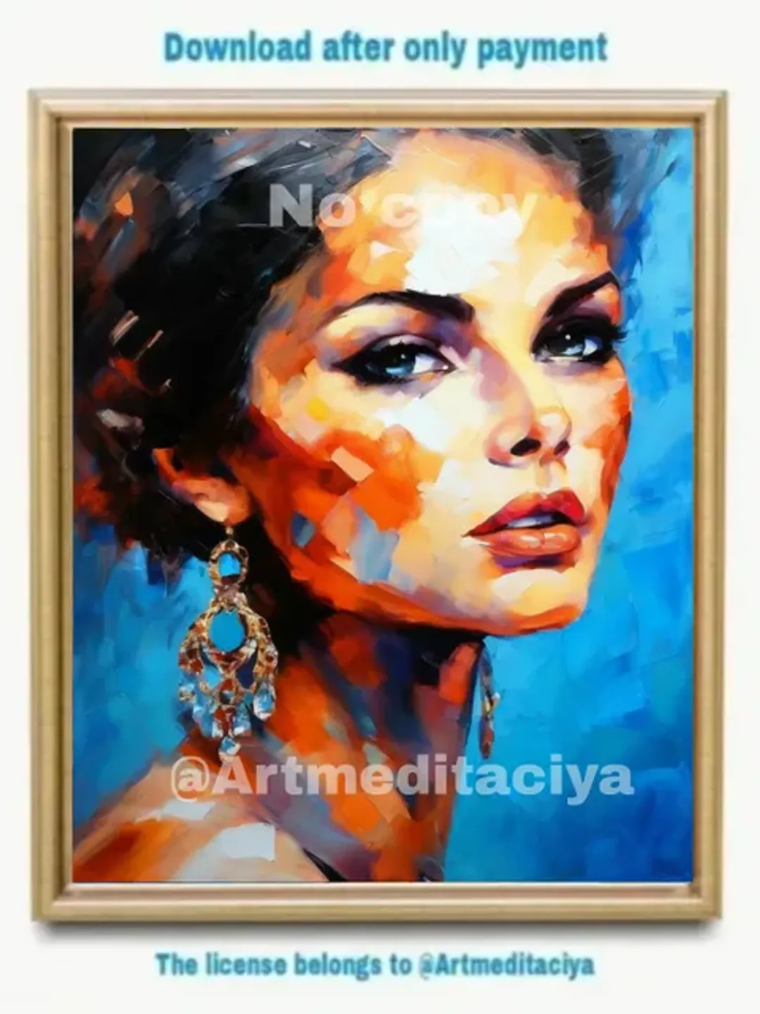 The digital abstract modern painting "Girl" in the style of oil painting with a palette knife is a concise image of a beautiful brunette of European appearance with expressive blue eyes and large ethnic earrings with blue stones on a blue background