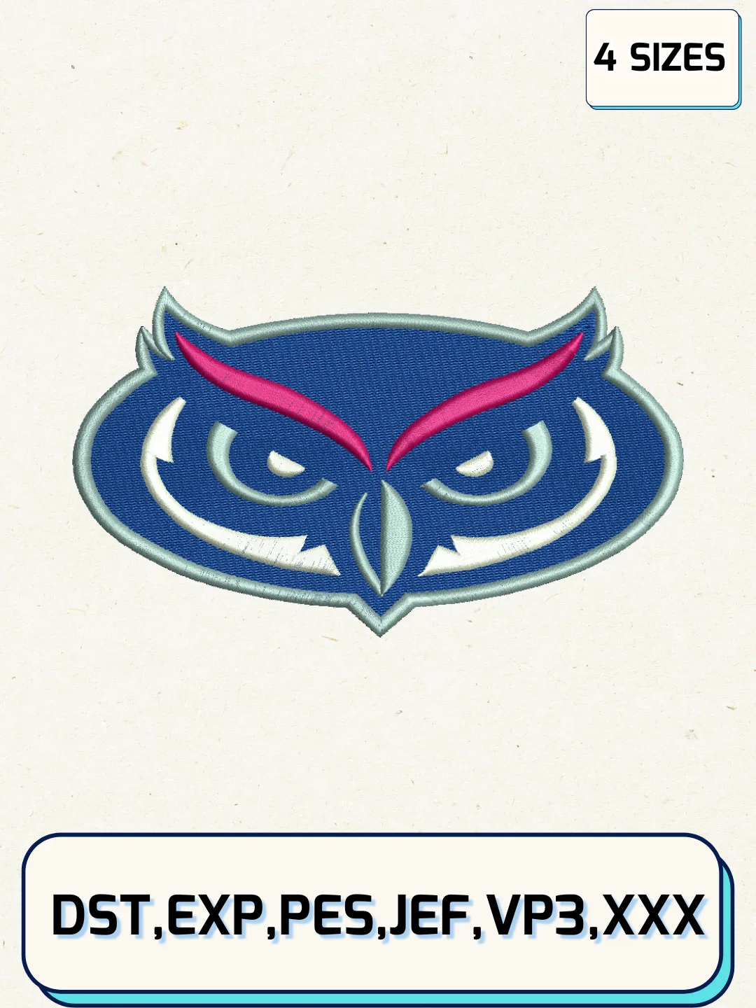 Florida Atlantic Owls Mascot Embroidery Design Files, NCAA Logos Embroidery Designs, Machine Embroidery Files, 4 Sizes