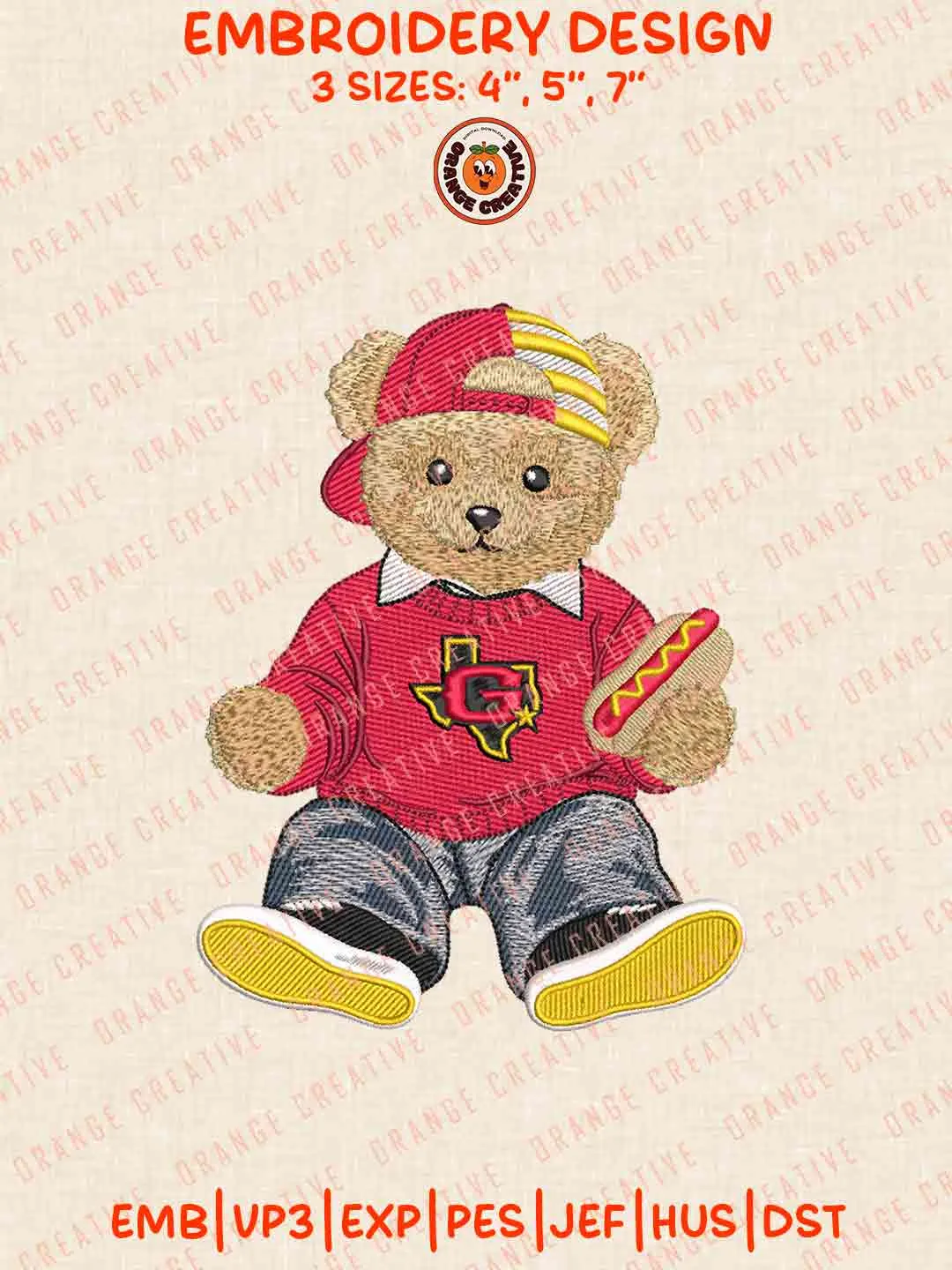 Houston Gambler Cute Teddy Bear Embroidery Files, Football League Embroidery Designs, Sport Machine Embroidery Files, 3 Sizes, Custom Sizes, Instant Download
