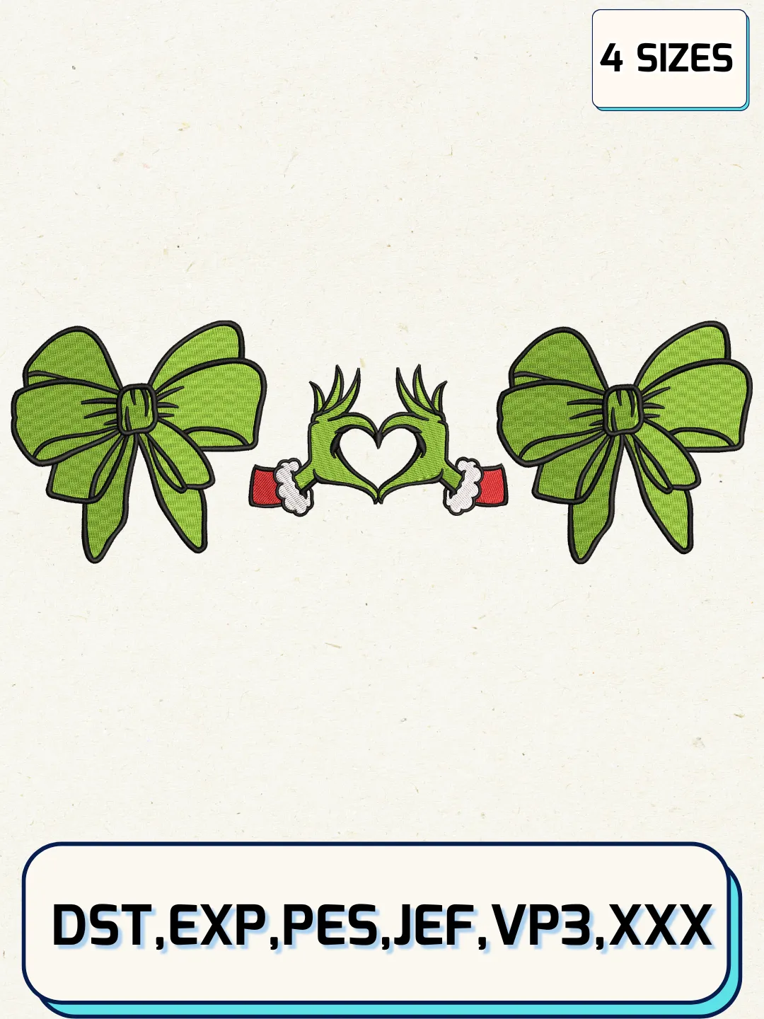 Grinchmas Hand Heart Coquette Bow Christmas Embroidery Design Files,Christmas Embroidery Designs,Machine Embroidery Files,4 Sizes