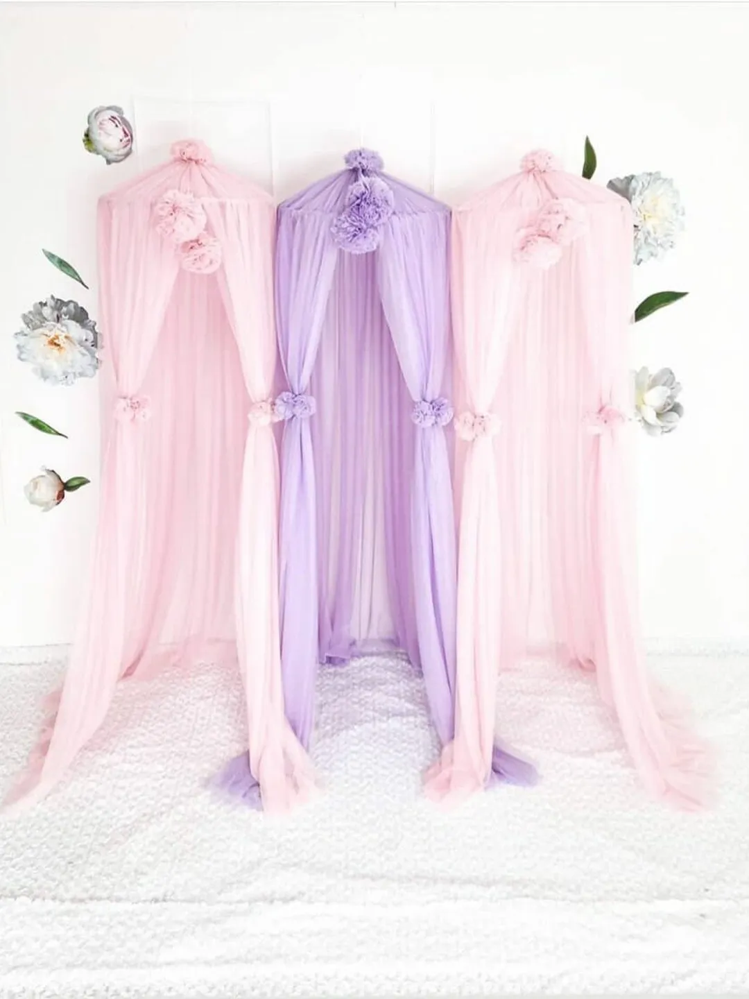 Bed tulle canopy for nursery, Kids hanging tent for bedroom, Princess playhouse, Pom Pom canopy, Play room canopy, Princess Bed Tent