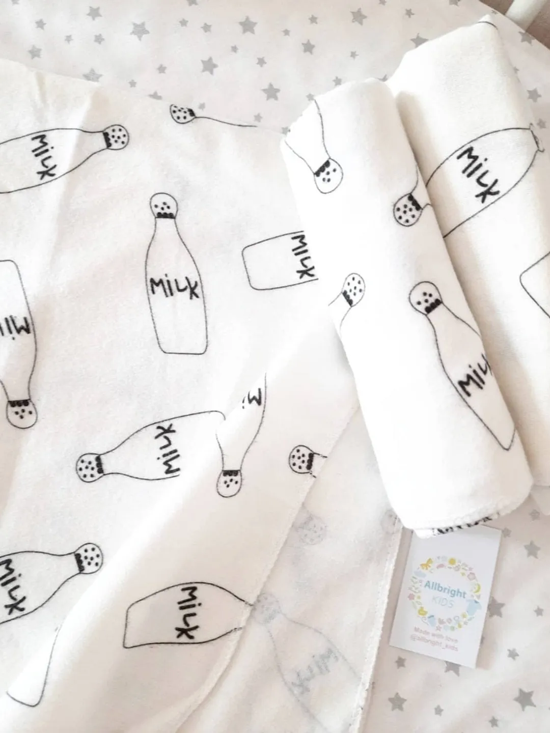 Milk Bottle Print, Baby Organic Muslin Milk, Swaddle diapers in large 80x80 cm, Swaddle blanket. Baby muslin, Organic muslin
