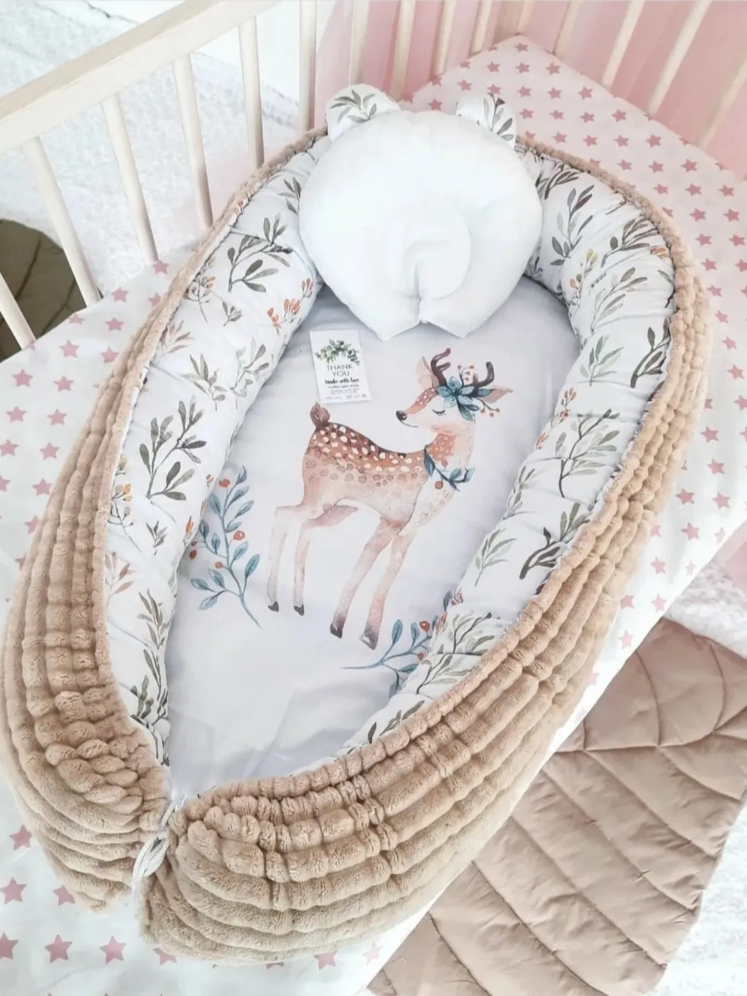 Baby nest newborn -  toddler, ready to ship,  double sided minky baby nest, woodland baby positioner + Pillow as a gift!!!
