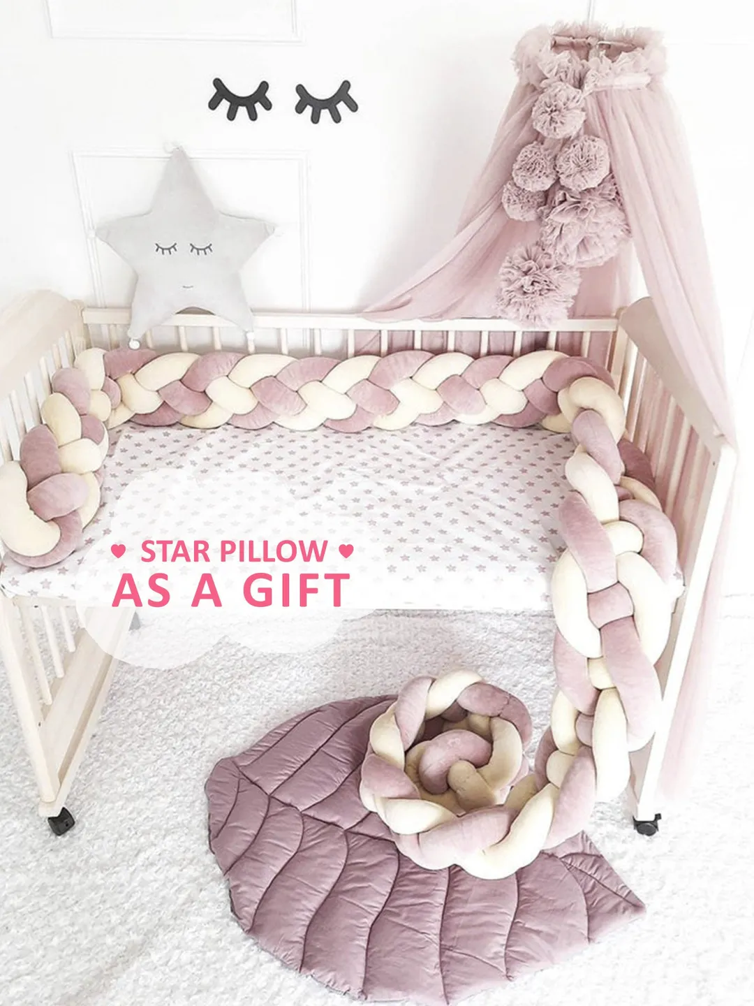 Braided Crib Bumper, Bumper for girl, Crib bedding, Crib bumper pads, Mini crib bumper, Baby shower gift, Knot pillow, Crib Bumper for girl