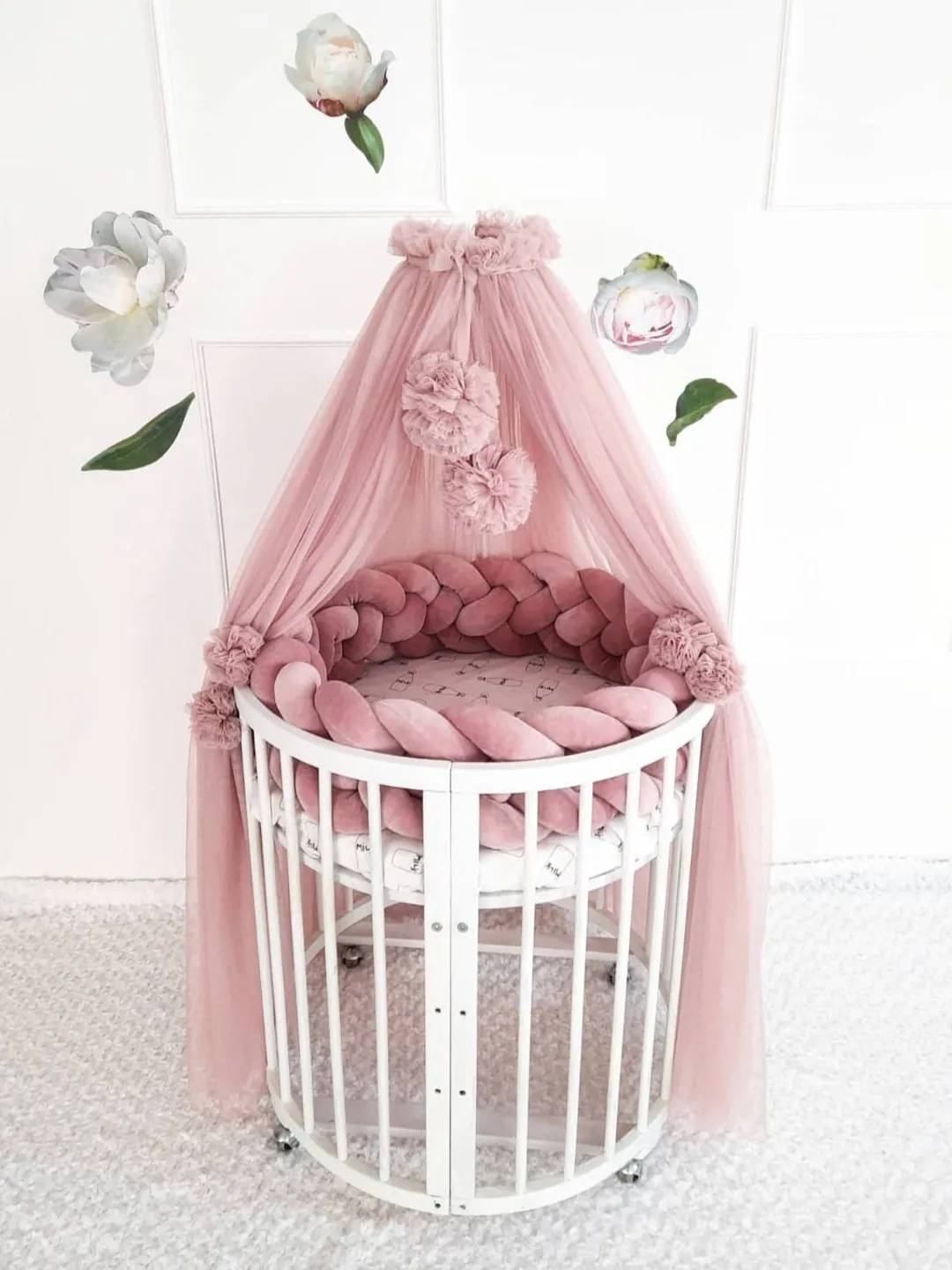Canopy Bed tulle for nursery / Kids hanging tent for bedroom / Princess playhouse / Pom Pom canopy