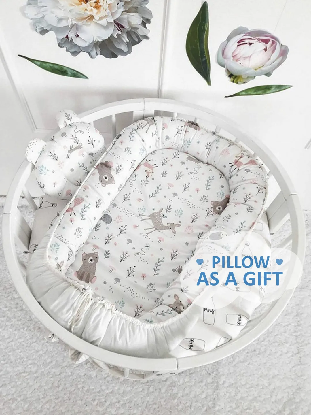 White Baby nest newborn, Bear Print, Gray Babybest, Newborn Baby Basket, double sided baby nest, baby positioner + Pillow as a gift!!!