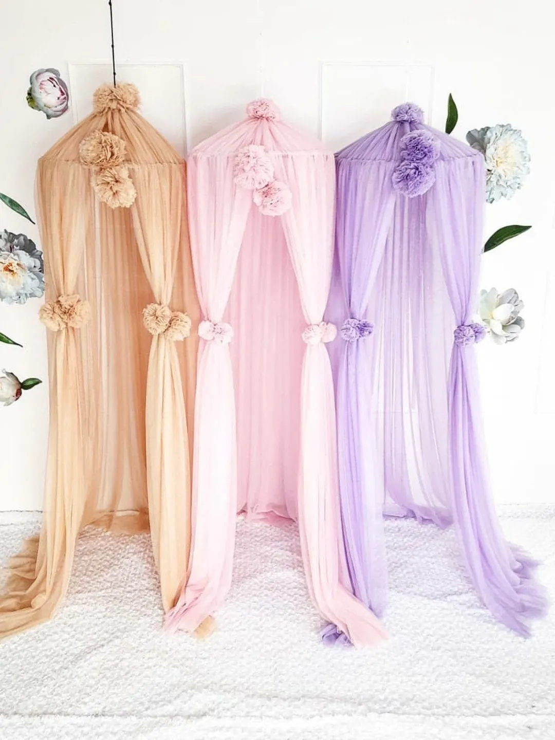 Bed tulle canopy for nursery/ Tulle Baldachin / Kids hanging tent for bedroom / Princess playhouse / Pom Pom canopy / Play room canopy