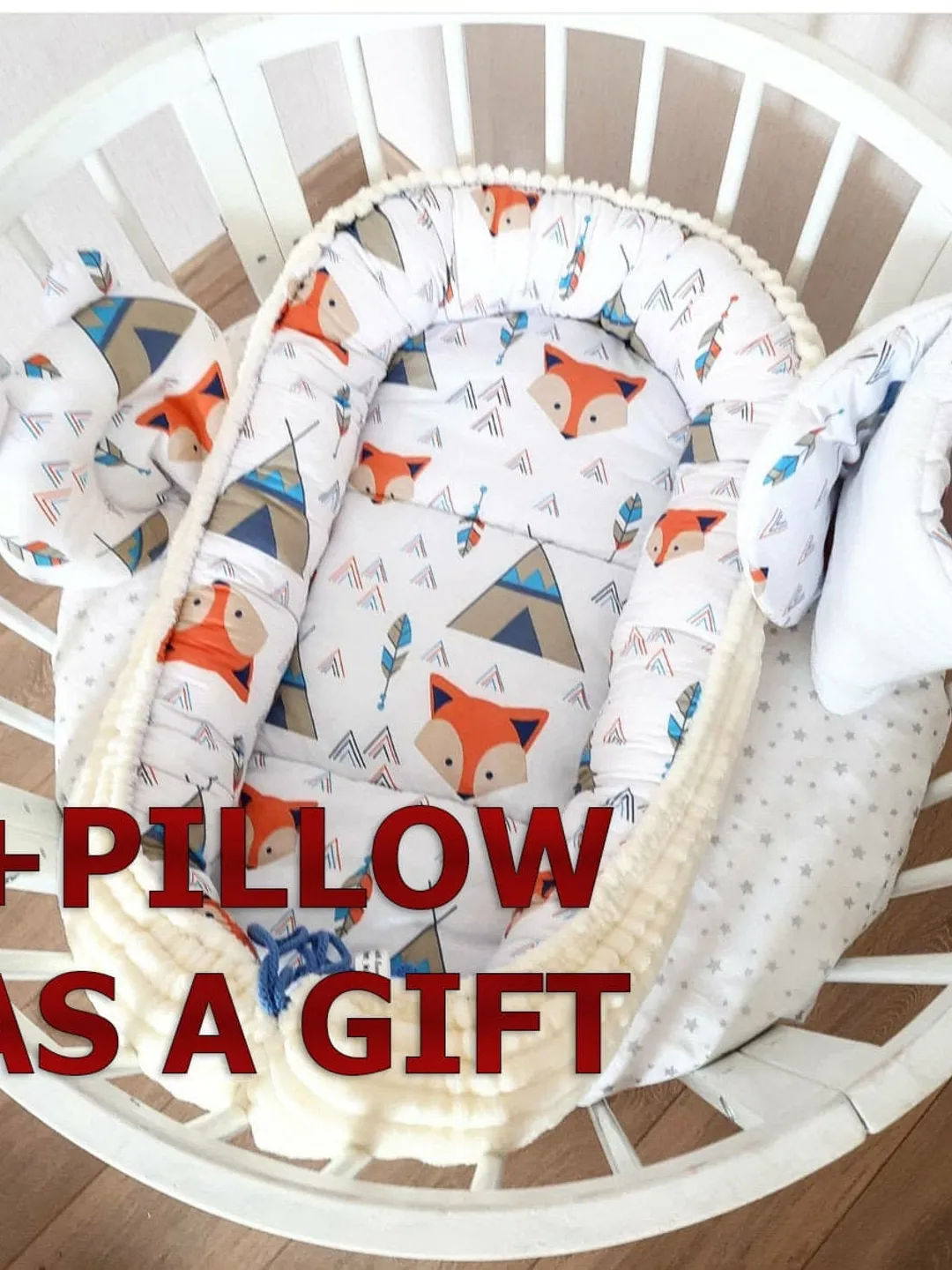 Pillow as a gift! Baby nest newborn -  toddler, ready to ship,  double sided minky baby nest, fox baby positioner + Pillow as a gift!!!