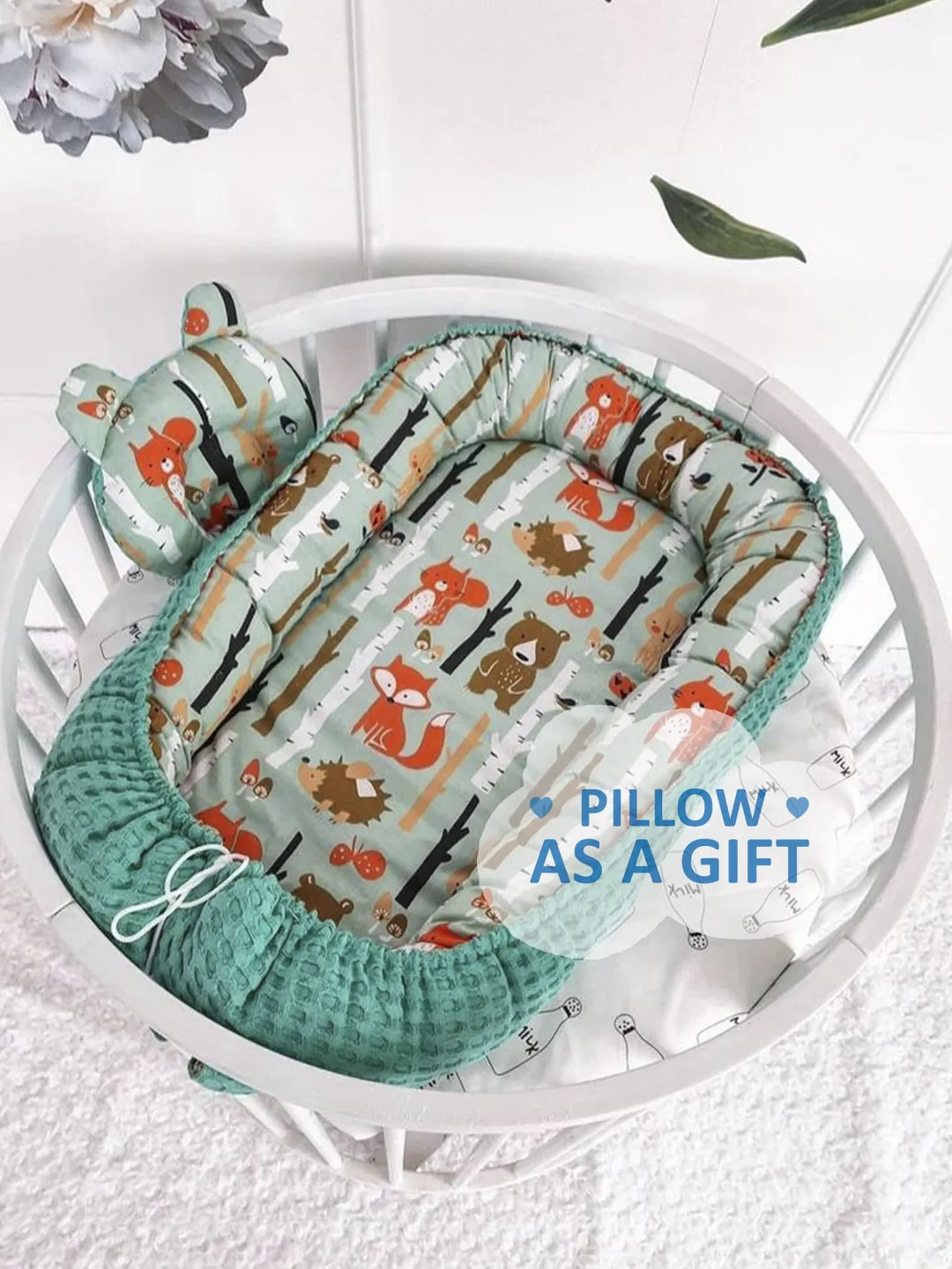 Pillow as a gift! Woodland Baby nest newborn -  toddler, ready to ship,  double sided baby nest, baby positioner + Pillow as a gift!!!