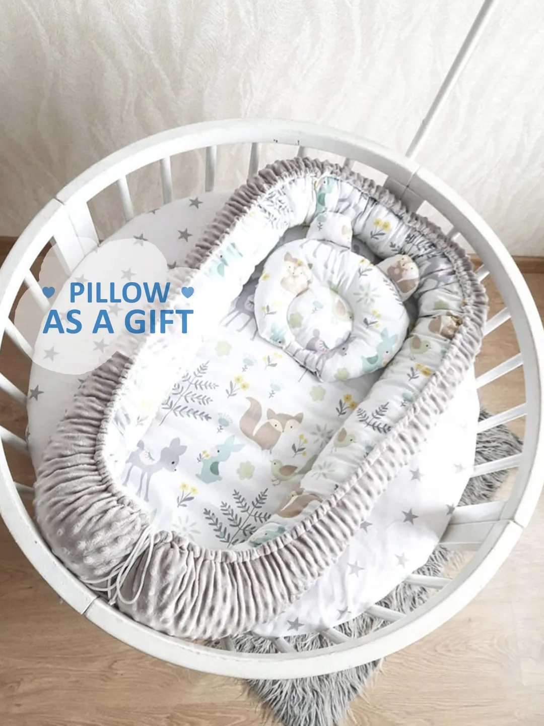 Pillow as a gift! Baby nest newborn -  toddler, ready to ship,  double sided minky baby nest, woodland baby positioner + Pillow as a gift!!!
