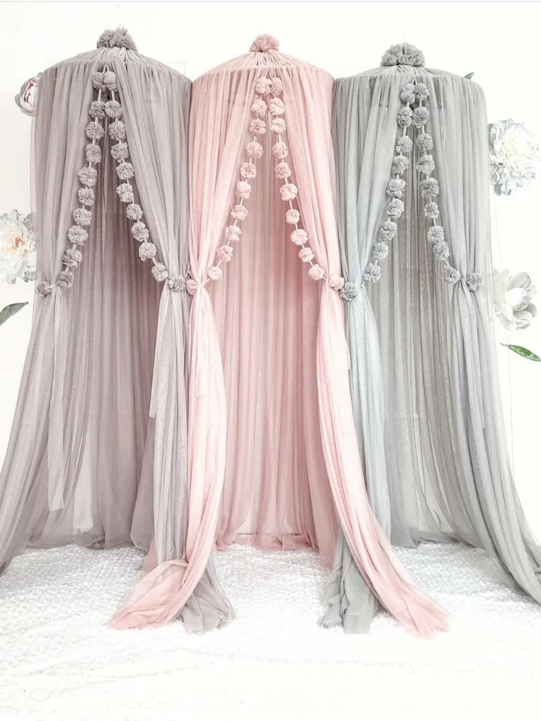 Bed tulle canopy for nursery / Kids hanging tent for bedroom / Princess playhouse / Pom Pom canopy + golden crown