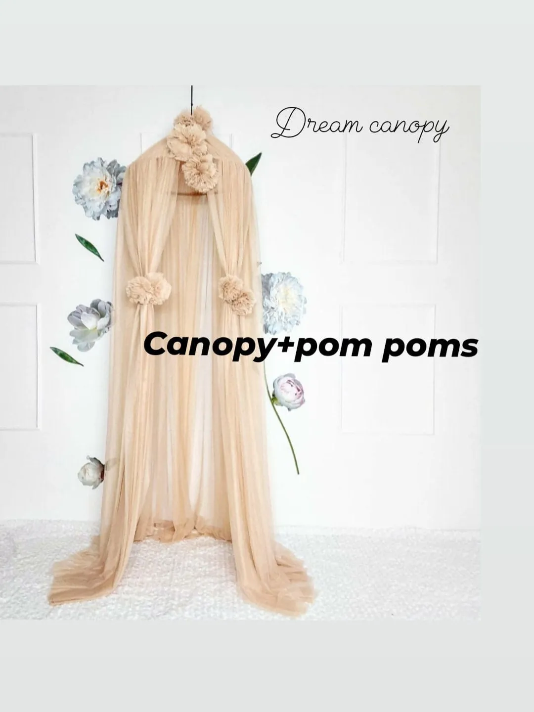 Bed tulle canopy for nursery / Kids hanging tent for bedroom / Princess playhouse / Pom Pom canopy Champagne