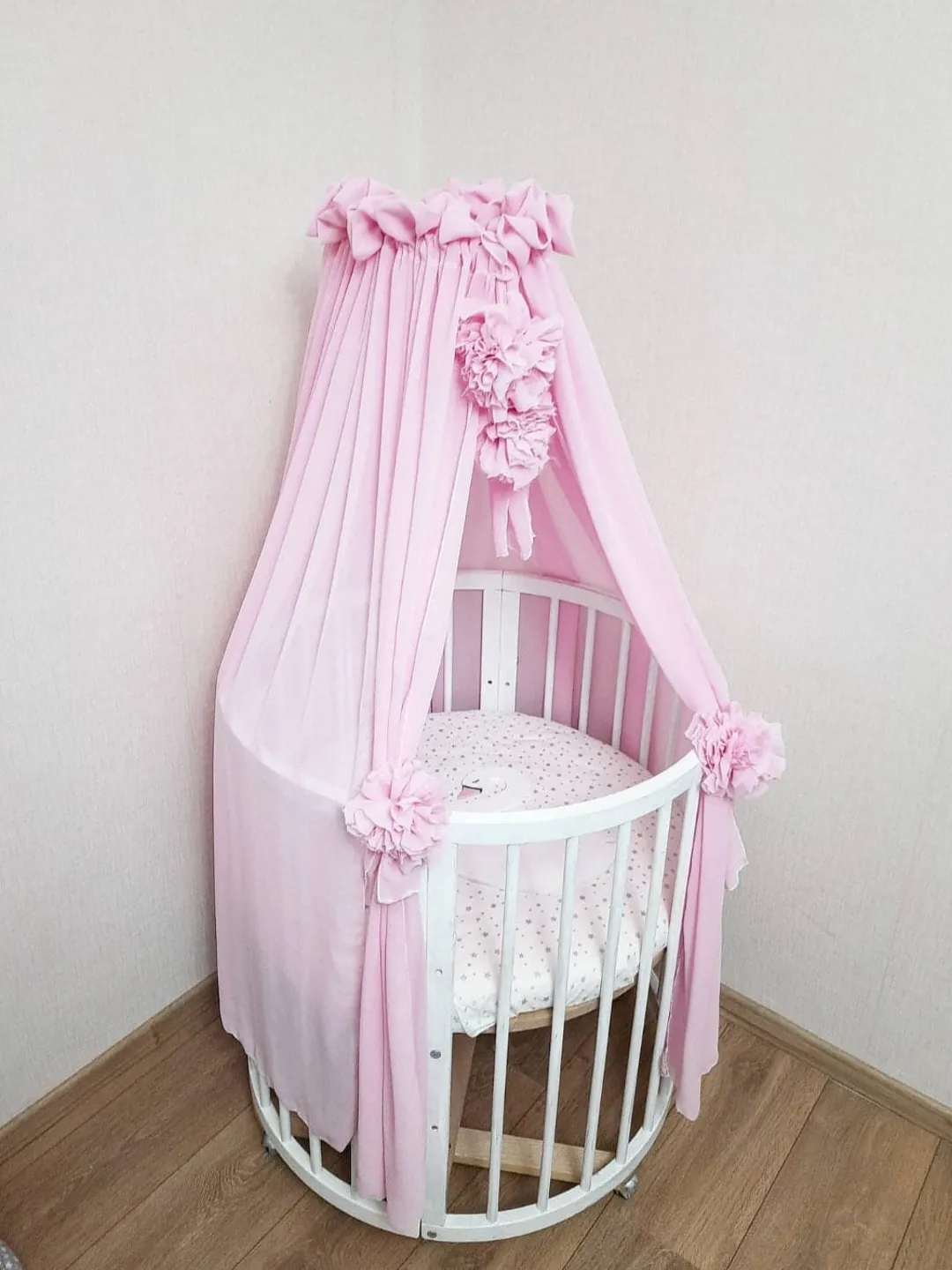 Bed tulle canopy for nursery, Kids hanging tent for bedroom, Princess playhouse, Pom Pom canopy, Pink baldachin, Baldachin plate