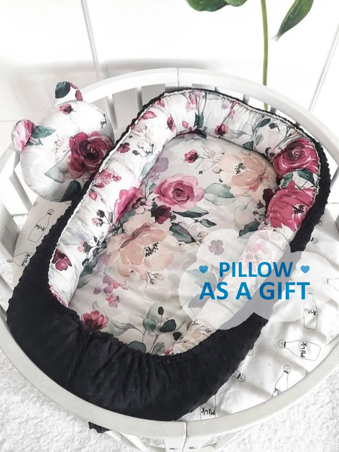Baby nest, Flowers print,  Babynest co sleeper, toddler bed peonies roses,  double sided baby nest, baby positioner + Pillow as a gift!!!
