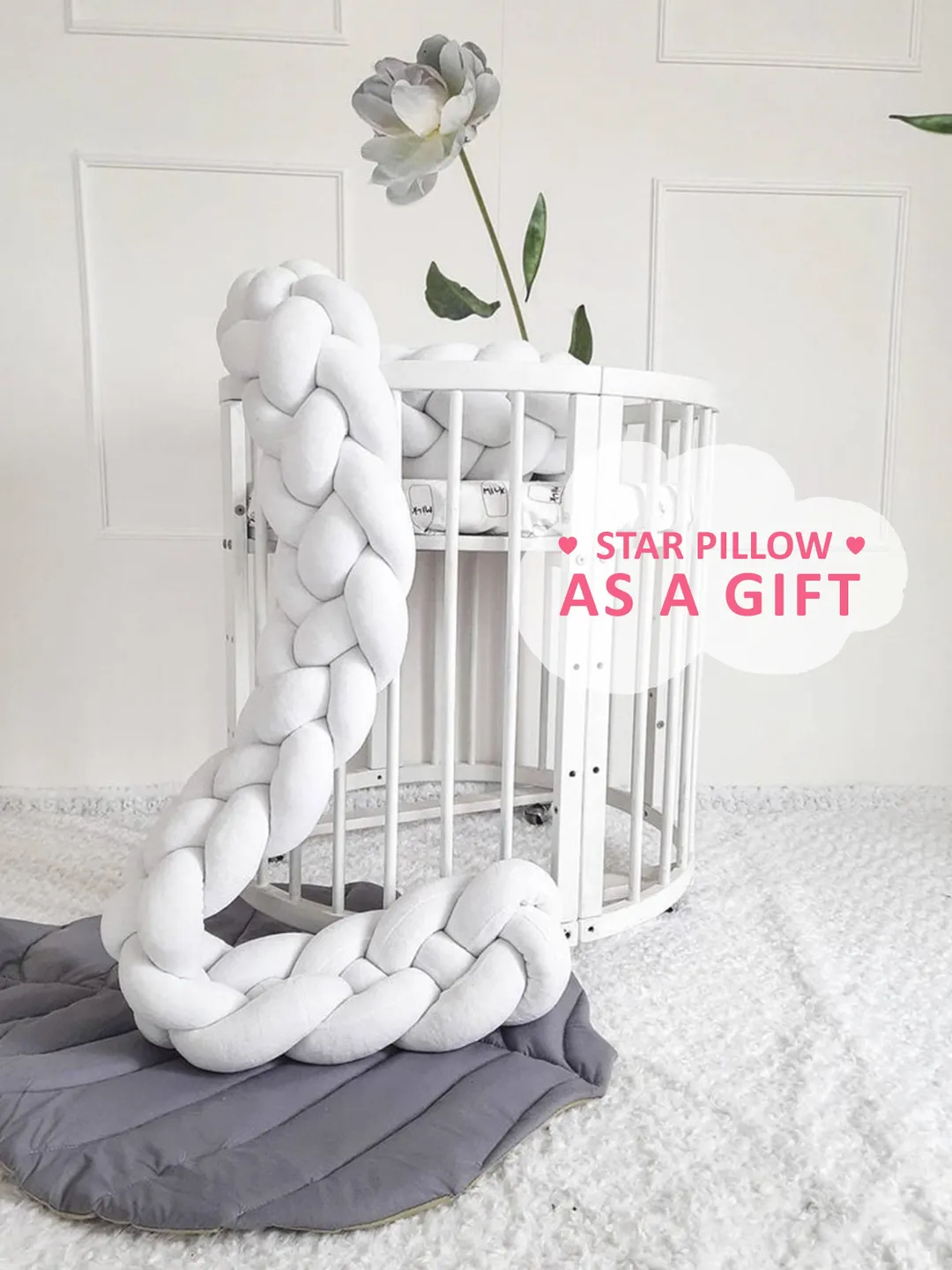 White Crib Bumper, Knot Pillow, Knot Cushion, Bumper Pad, Bolster Pillow, Stokke Crib, Toddler Bed Bumper, Crib bedding,  Baby bed, Nursery