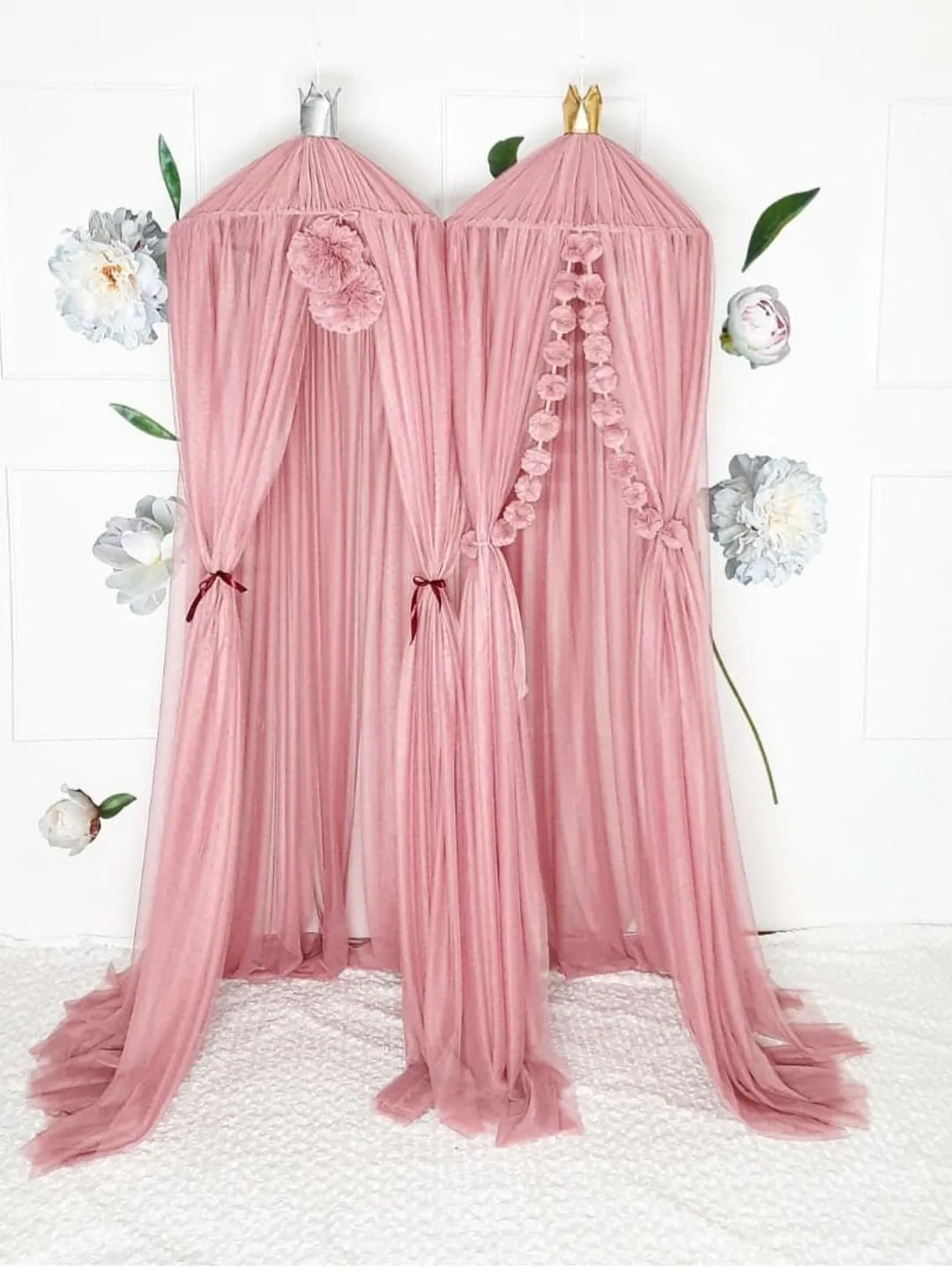 Bed tulle canopy for nursery, Pink Princess playhouse, Pom Pom canopy, Nursery Baldachin, Canopy Bed for girl and boy