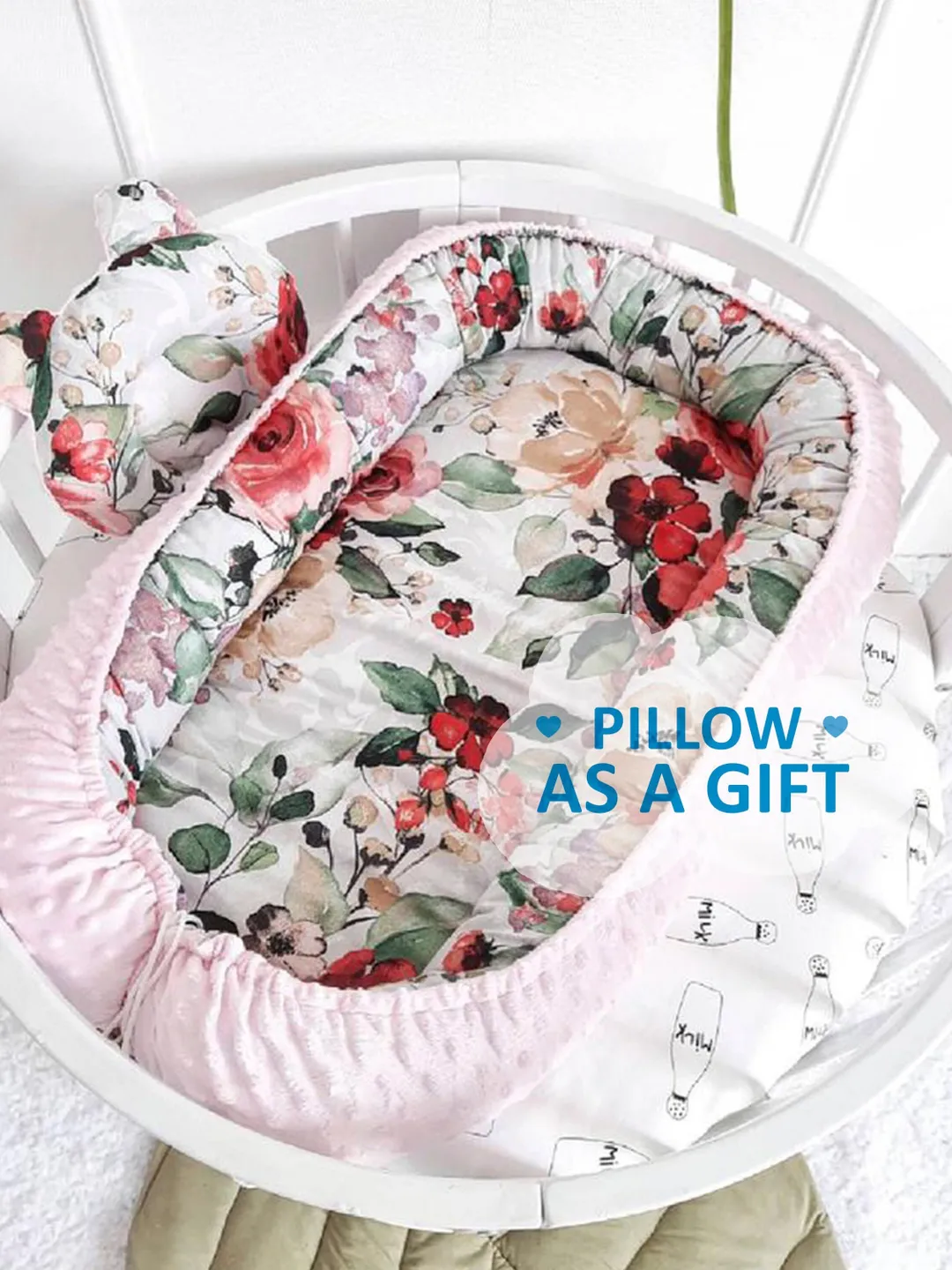 Pillow as a gift! Baby nest newborn -  toddler, ready to ship,  double sided minky baby nest, baby positioner + Pillow as a gift!!!