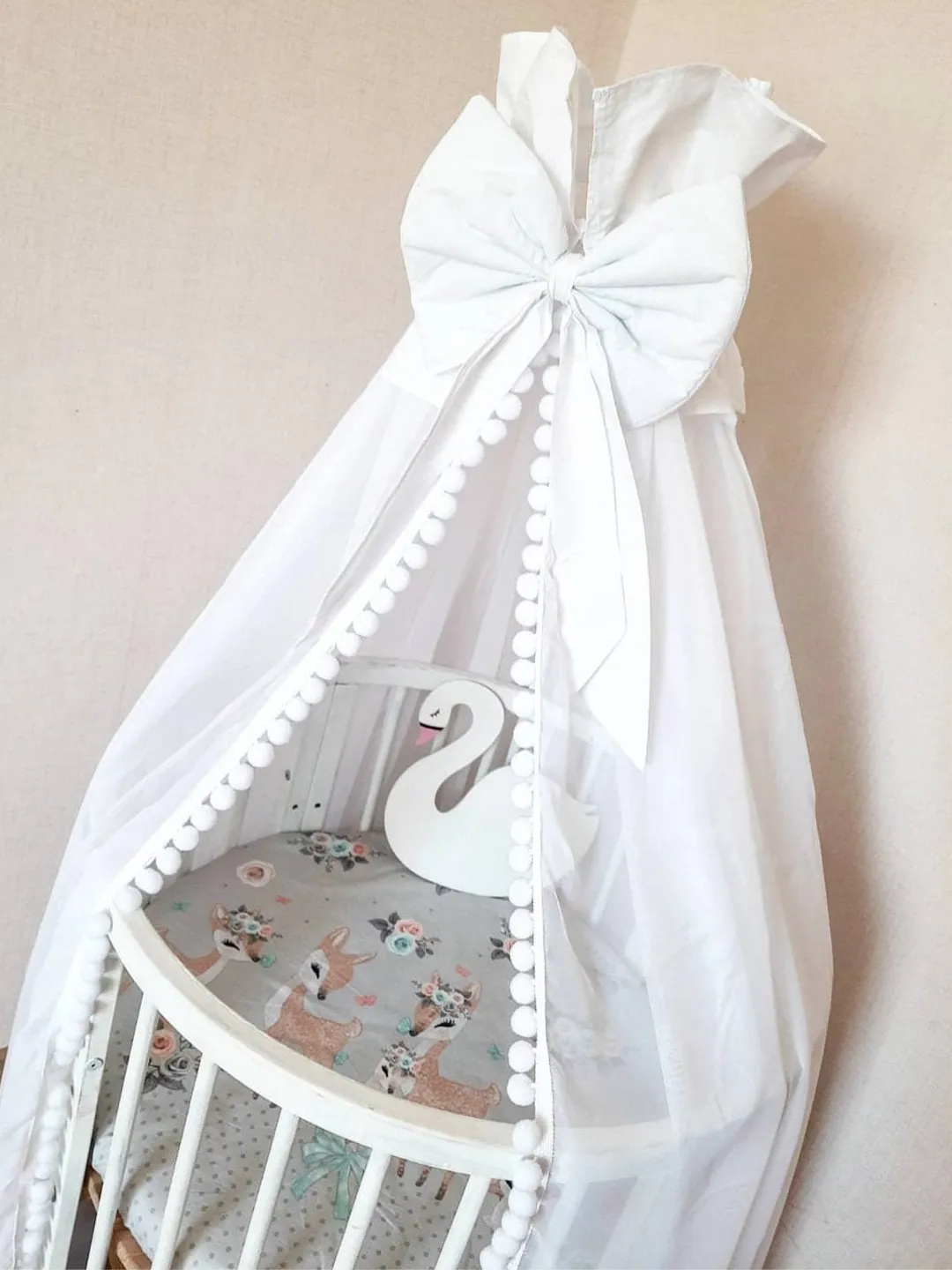 Bed tulle canopy for nursery, Princess playhouse, Pom Pom canopy, Kids hanging tent for bedroom, Pom Pom canopy, Baby room decor