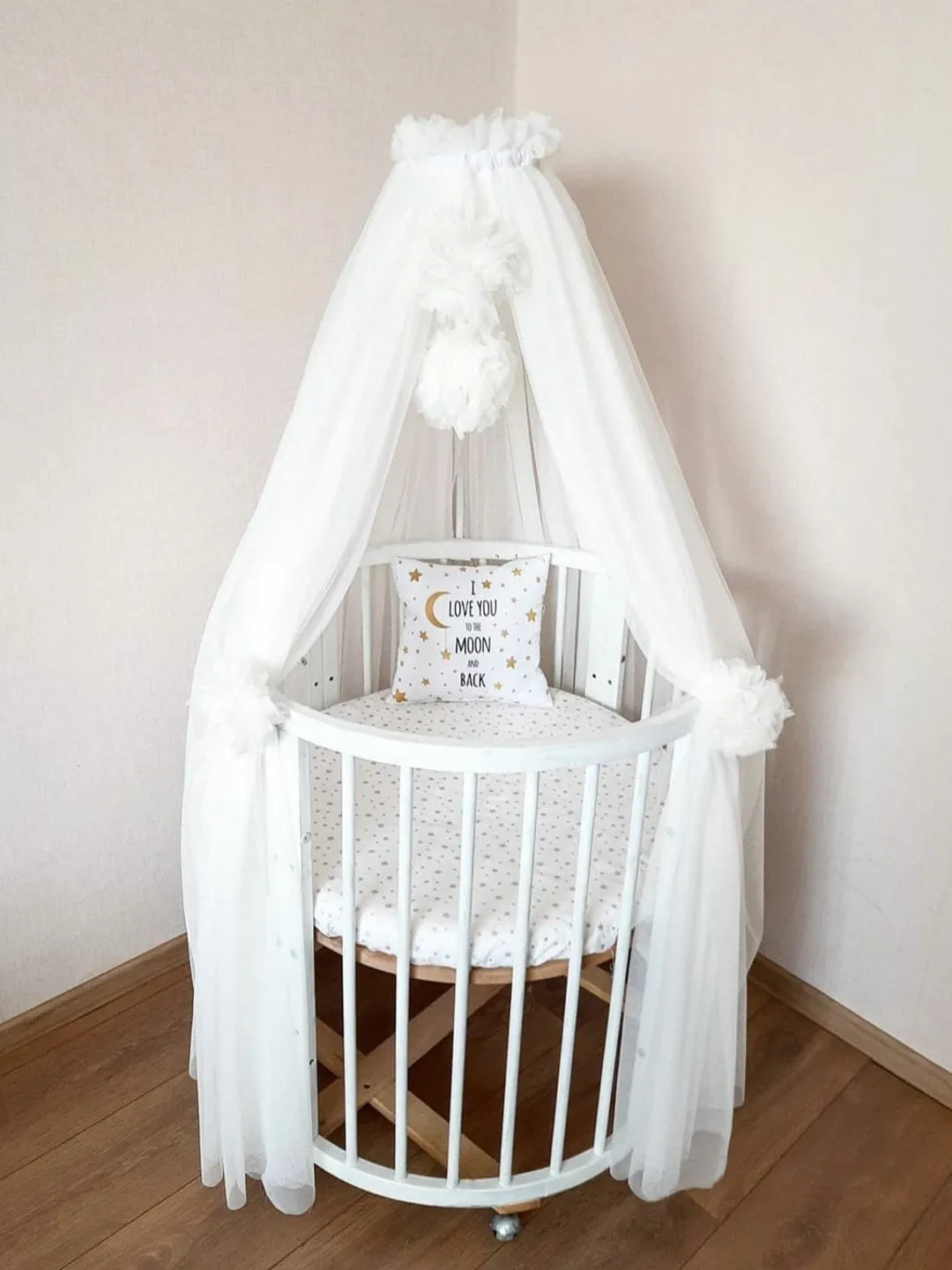 Bed tulle canopy for nursery, Kids hanging tent for bedroom, Princess playhouse, Kids room decor, Pom Pom canopy + 4 Pom Poms