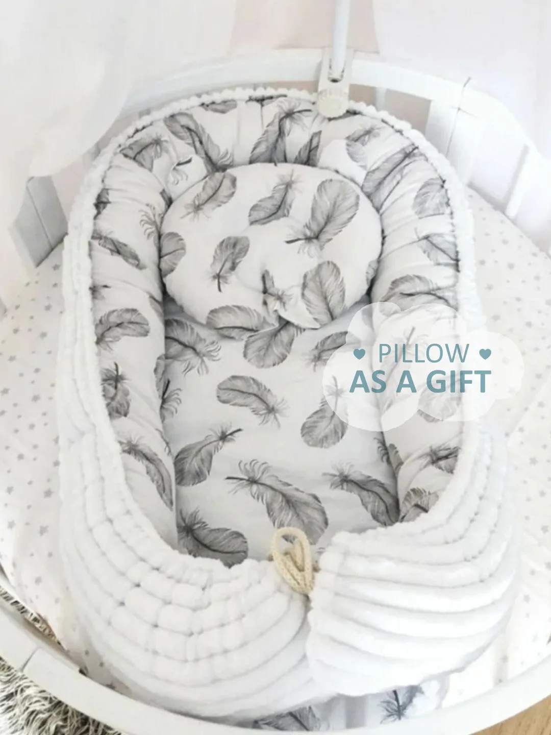Pillow as a gift! Gray Baby nest newborn -  toddler, ready to ship,  double sided minky baby nest, baby positioner + Pillow as a gift!!!