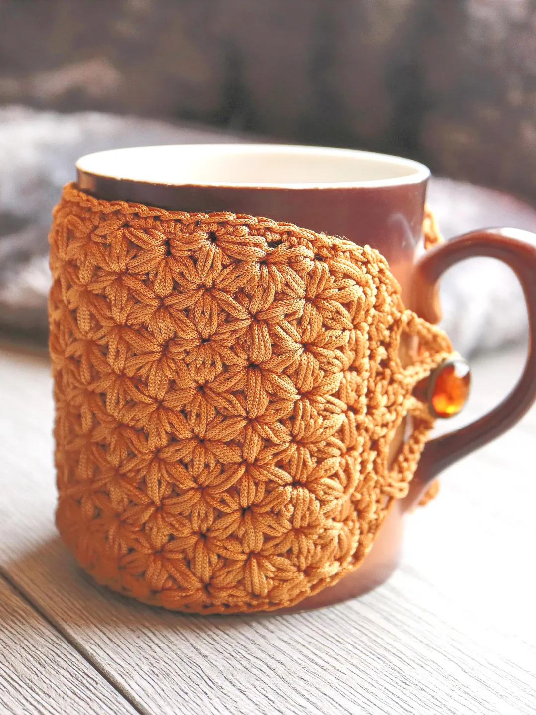 Blossomworn Crochet Mug Cozy Pattern – Jasmine Stitch Cup Sleeve with Button Closure (PDF)