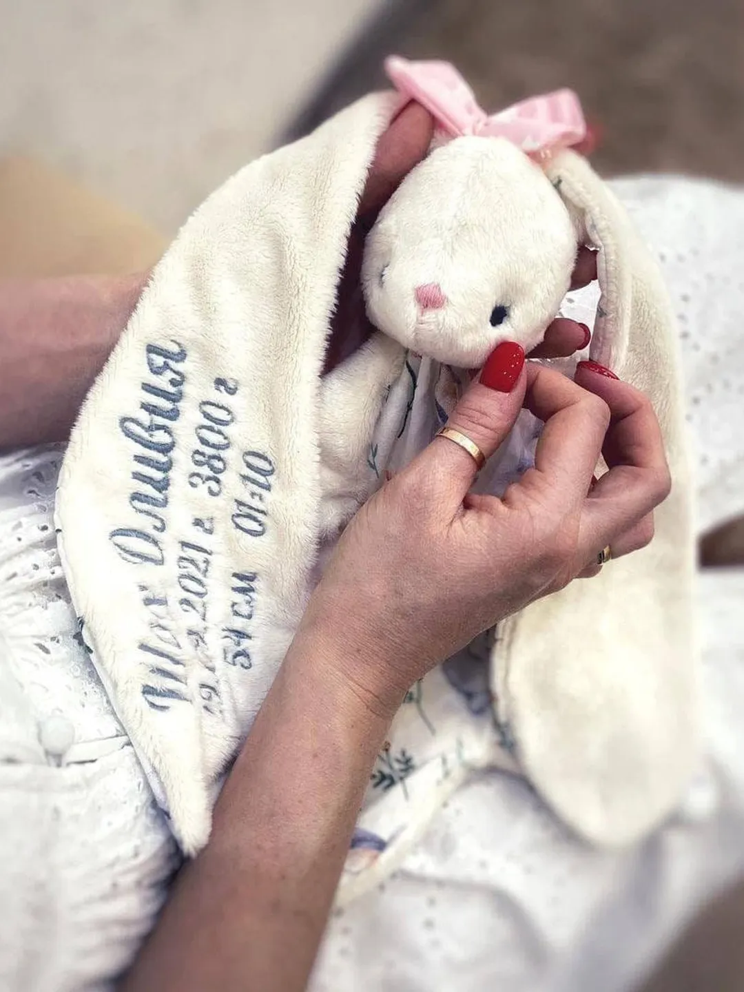 Bunny Comforter, Cute New Baby Gift, Unisex Newborn Gift, Personalised metric  Blanket, Baby Keepsake, Plushe Bunny Security Blanket